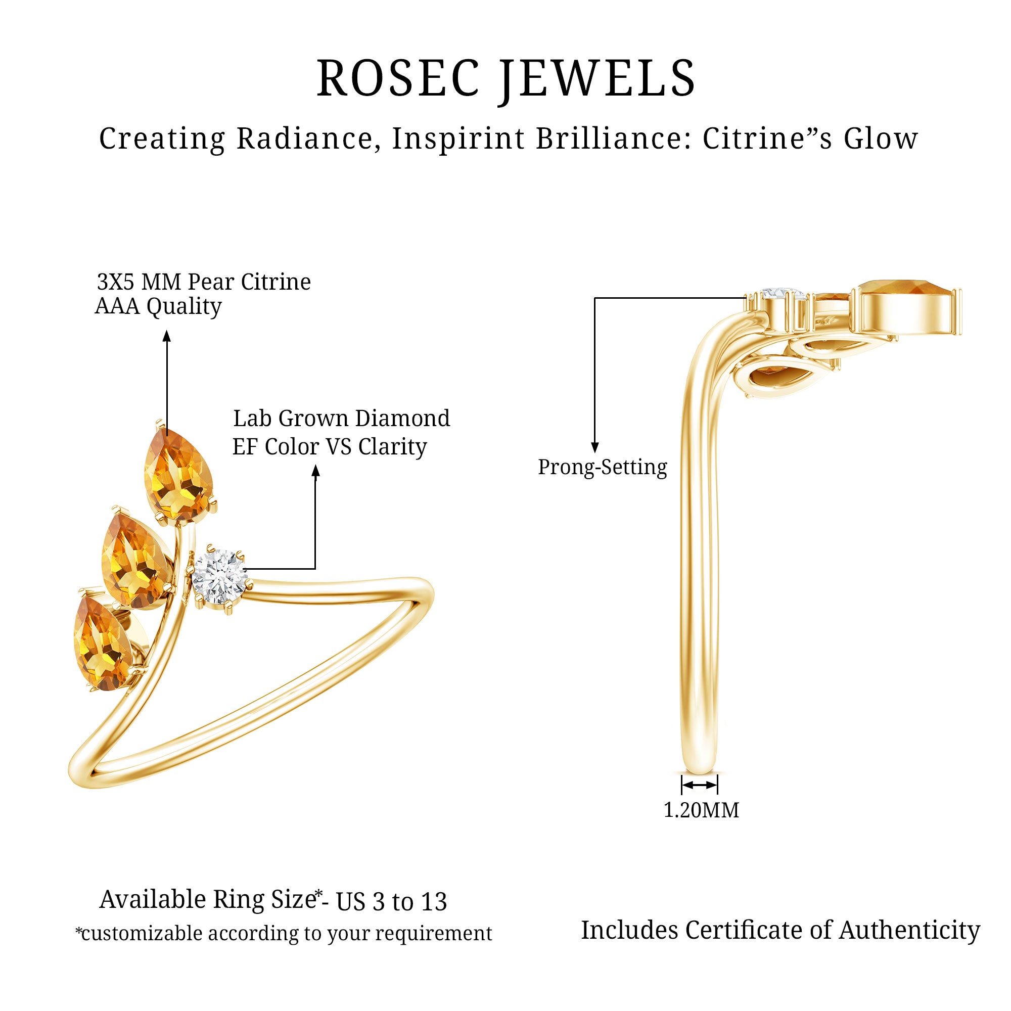 Certified Pear Shaped Citrine Ring Guard with Lab Diamond AAA 14K Yellow Gold Plated Silver - Rosec Jewels