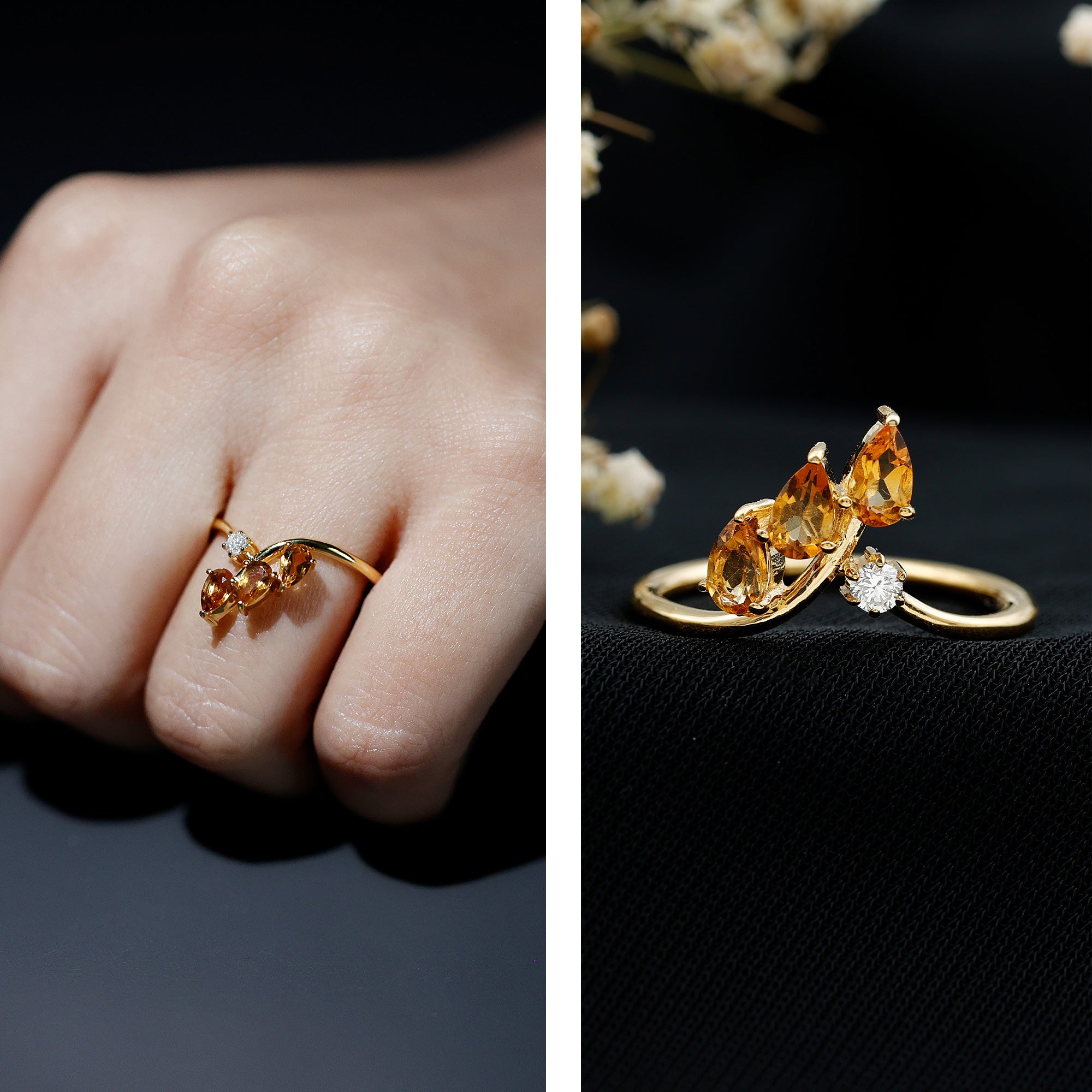 Certified Pear Shaped Citrine Ring Guard with Lab Diamond AAA 14K Yellow Gold Plated Silver - Rosec Jewels