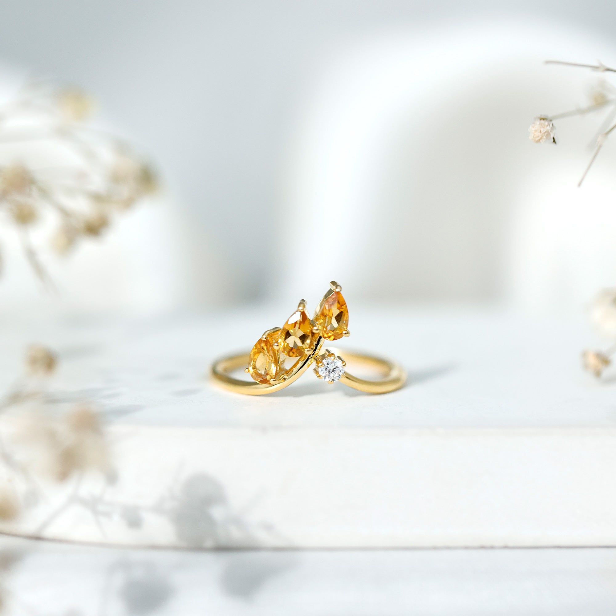 Certified Pear Shaped Citrine Ring Guard with Lab Diamond AAA 14K Yellow Gold Plated Silver - Rosec Jewels