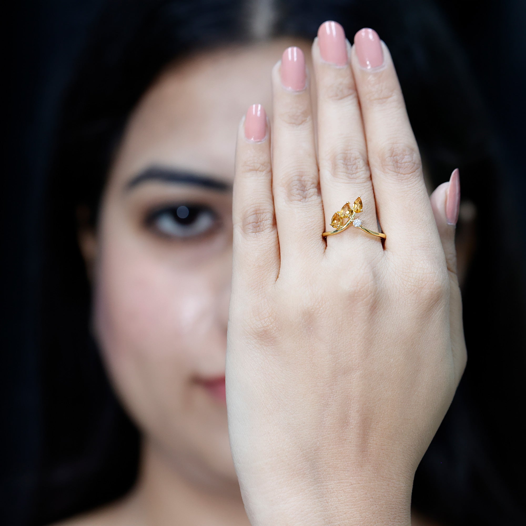 Certified Pear Shaped Citrine Ring Guard with Lab Diamond AAA 14K Yellow Gold Plated Silver - Rosec Jewels