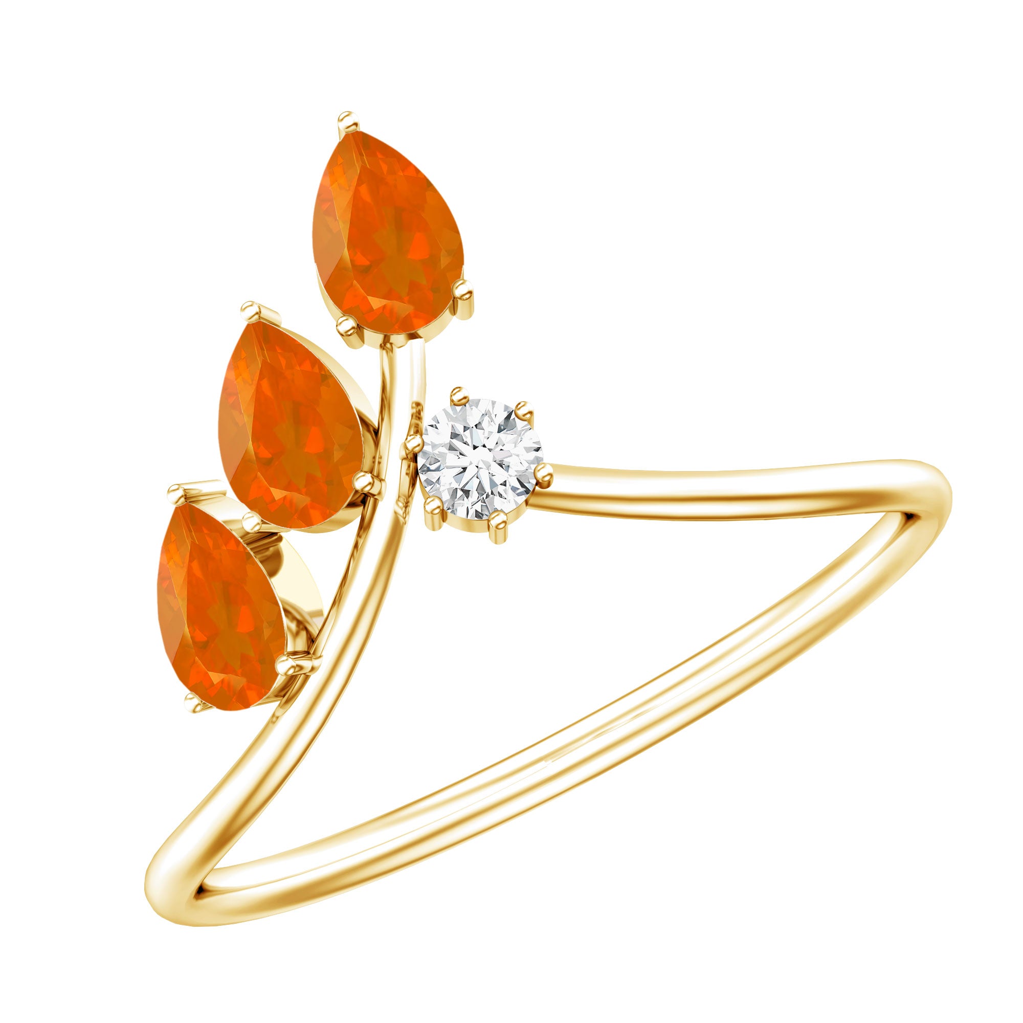 Pear Shaped Fire Opal Stackable Ring with Lab Grown Diamond Lab - ( EF-VS ) 14K Yellow Gold Plated Silver - Rosec Jewels