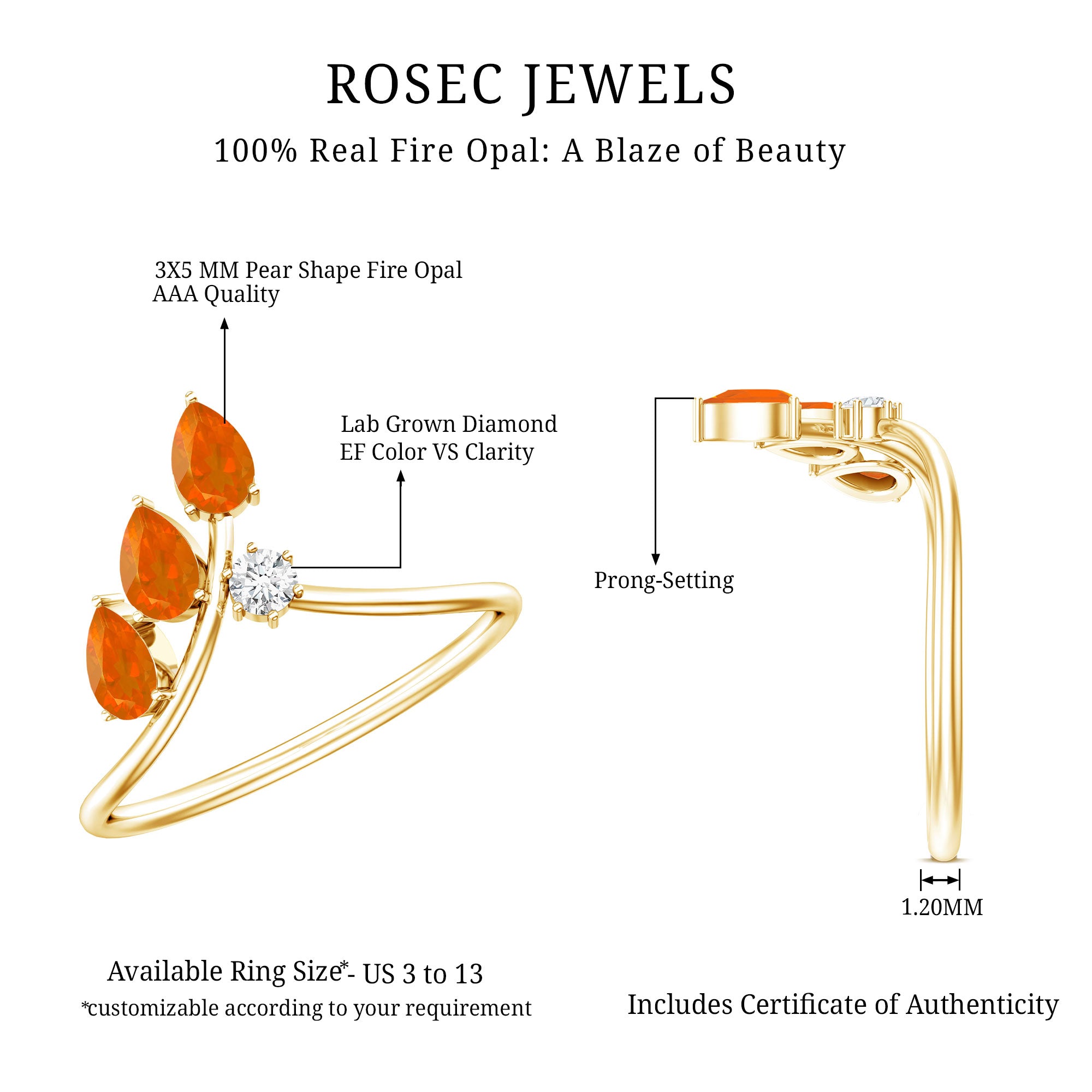 Pear Shaped Fire Opal Stackable Ring with Lab Grown Diamond Lab - ( EF-VS ) 14K Yellow Gold Plated Silver - Rosec Jewels