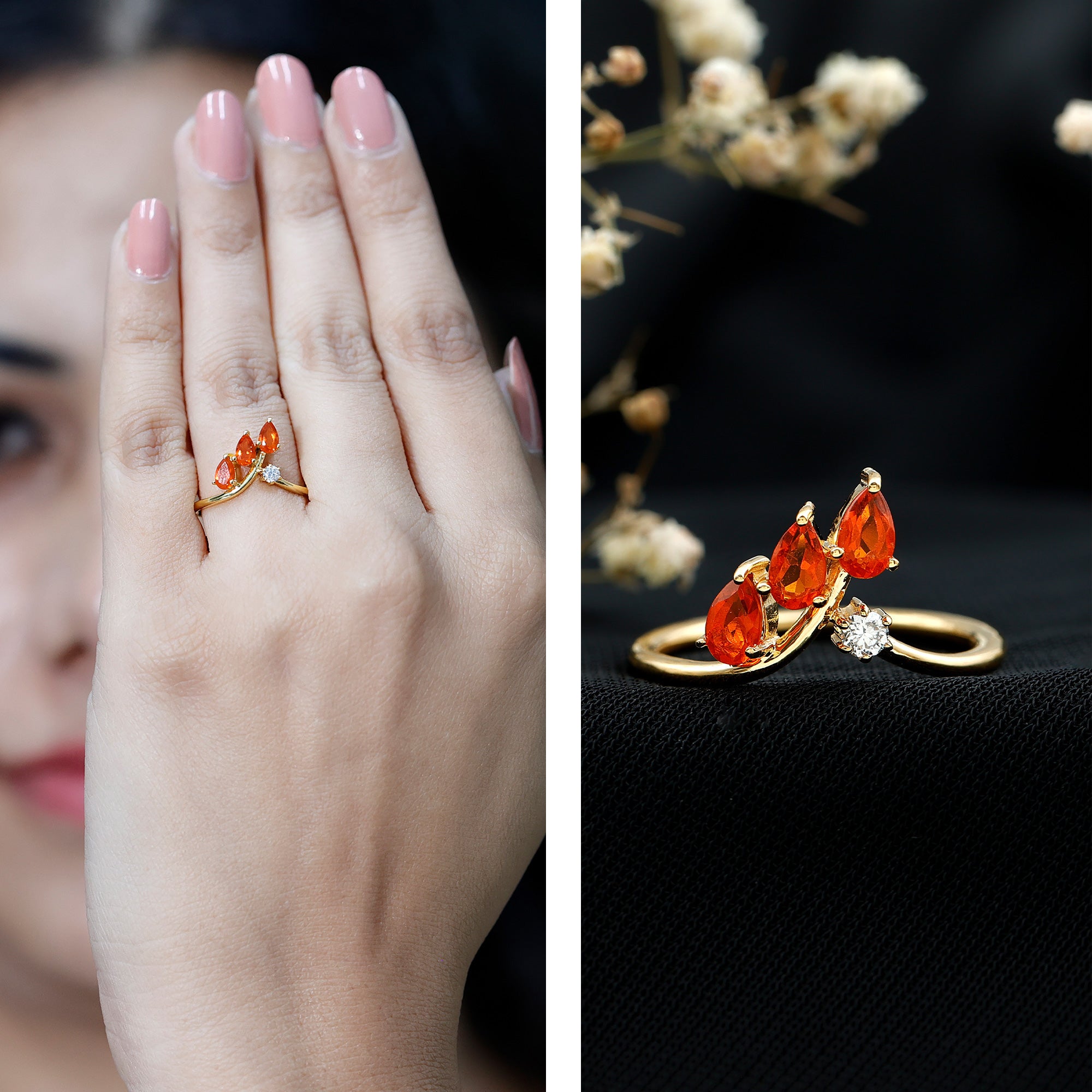 Pear Shaped Fire Opal Stackable Ring with Lab Grown Diamond Lab - ( EF-VS ) 14K Yellow Gold Plated Silver - Rosec Jewels