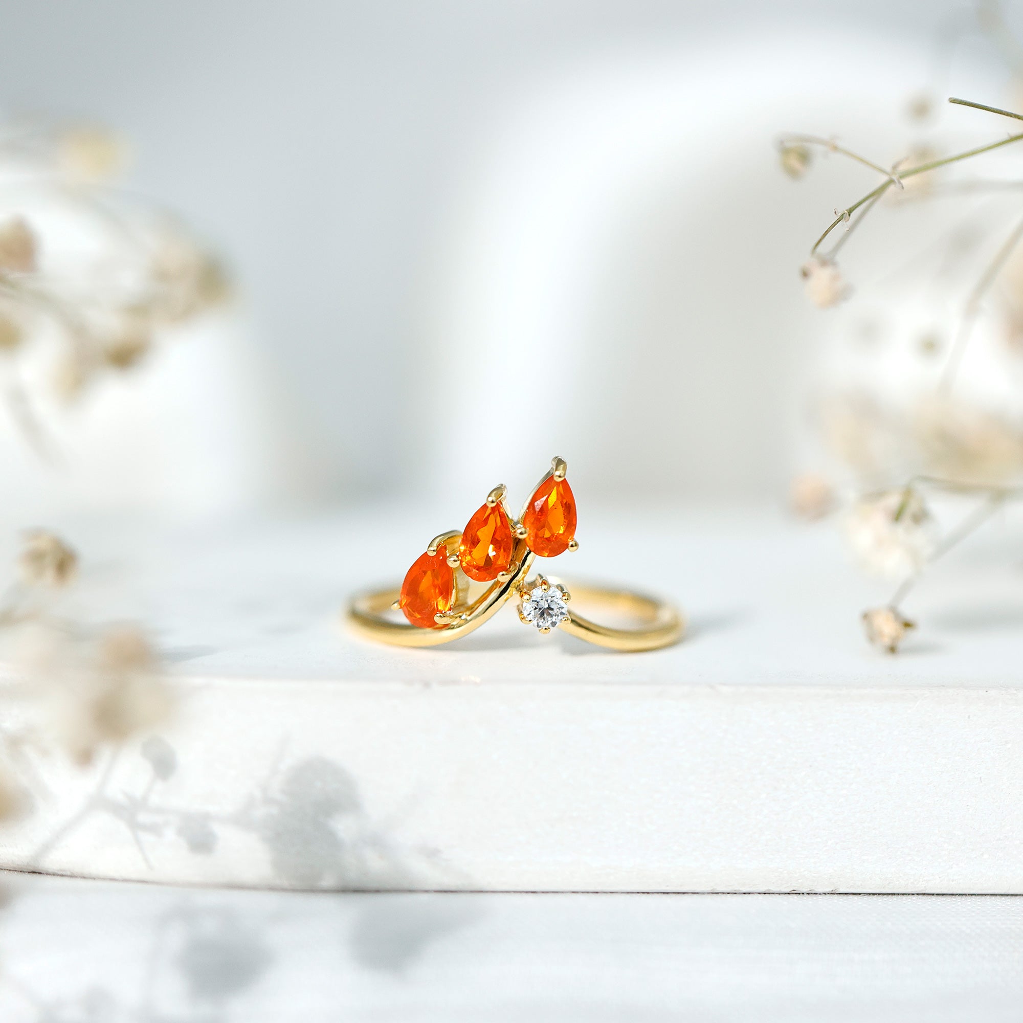 Pear Shaped Fire Opal Stackable Ring with Lab Grown Diamond Lab - ( EF-VS ) 14K Yellow Gold Plated Silver - Rosec Jewels