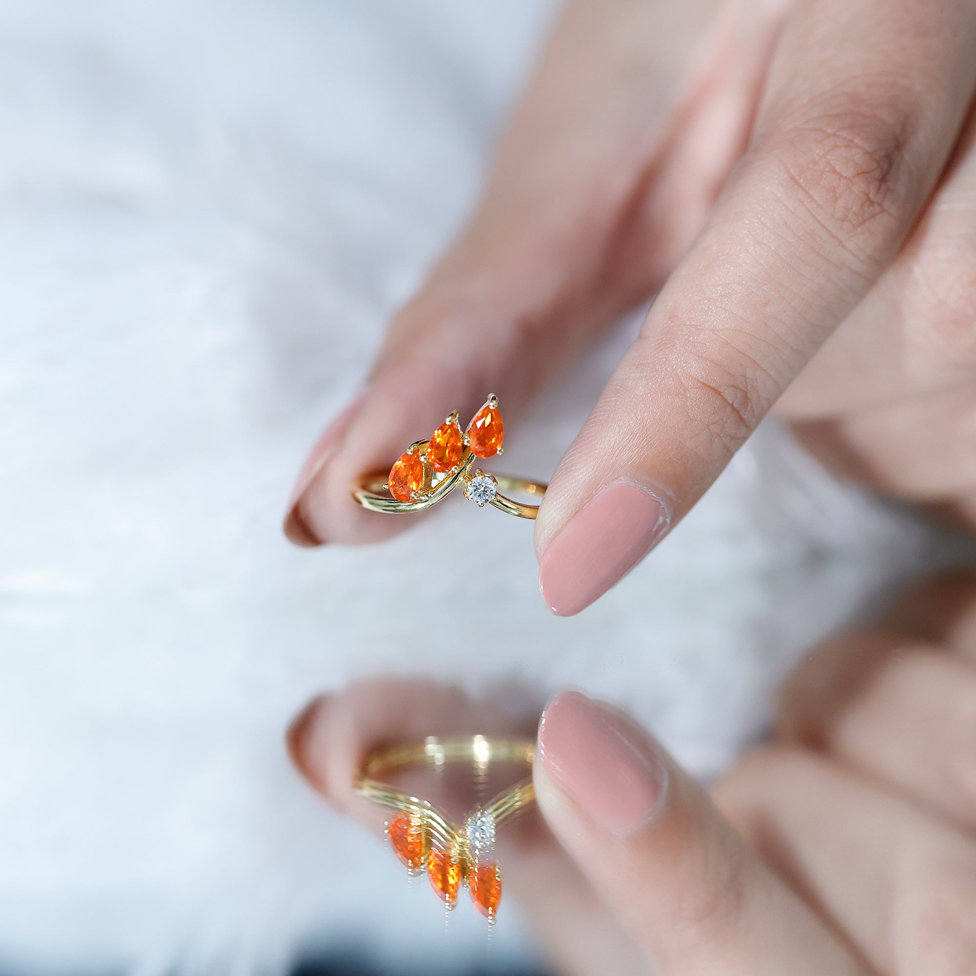 Pear Shaped Fire Opal Stackable Ring with Lab Grown Diamond Lab - ( EF-VS ) 14K Yellow Gold Plated Silver - Rosec Jewels