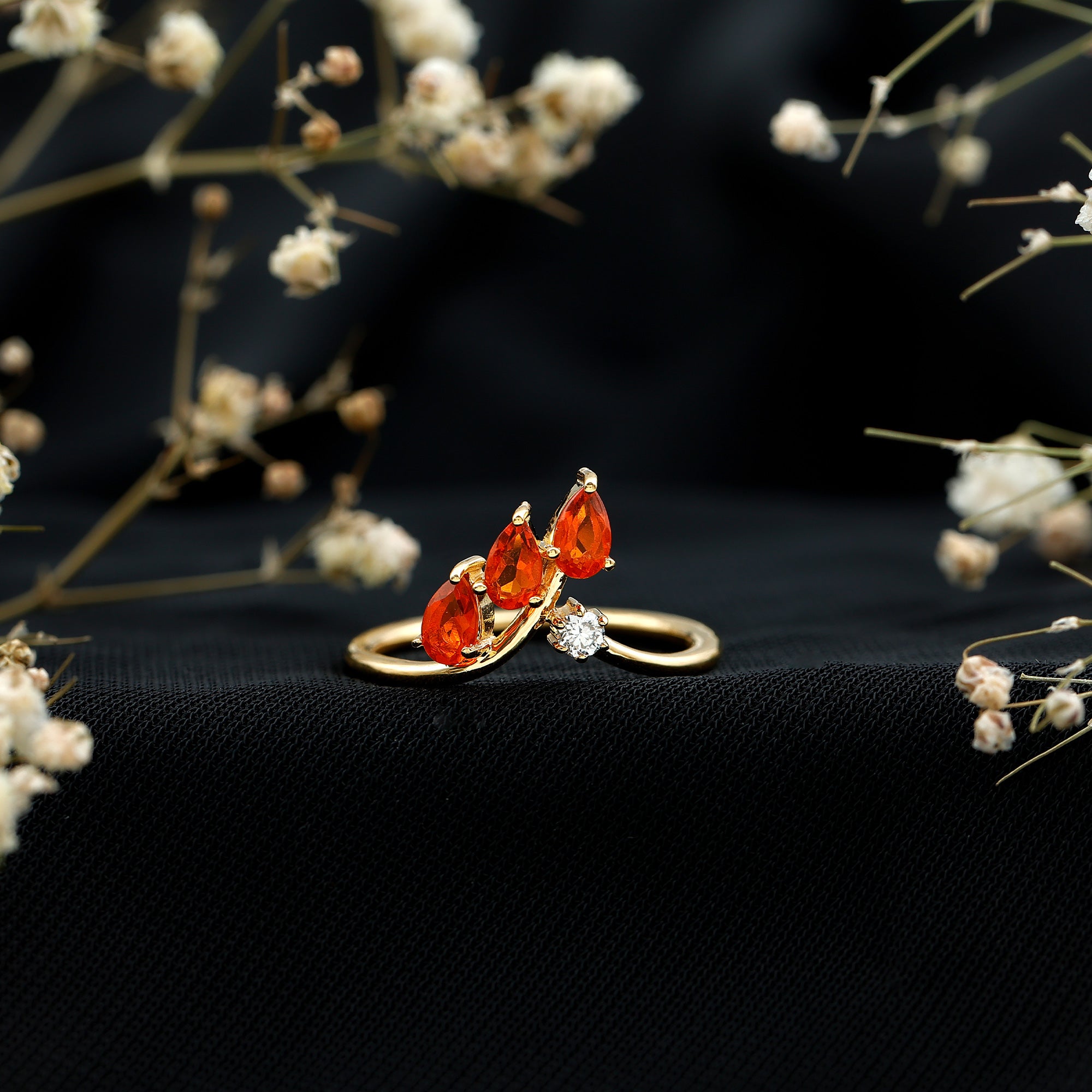 Pear Shaped Fire Opal Stackable Ring with Lab Grown Diamond Lab - ( EF-VS ) 14K Yellow Gold Plated Silver - Rosec Jewels