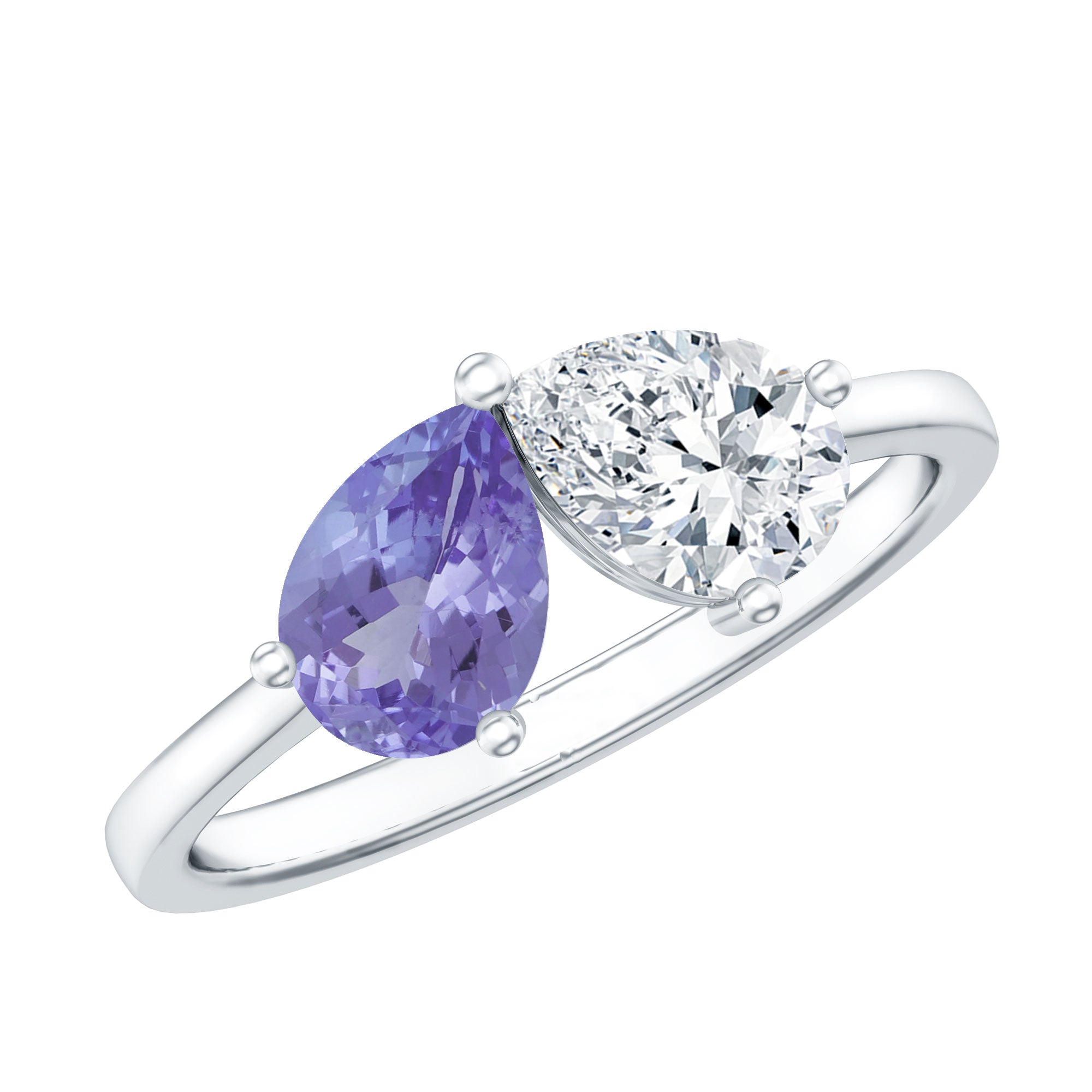 Pear Shaped Tanzanite Moissanite Two Stone Promise Ring in Silver AAA 92.5 Sterling Silver - Rosec Jewels