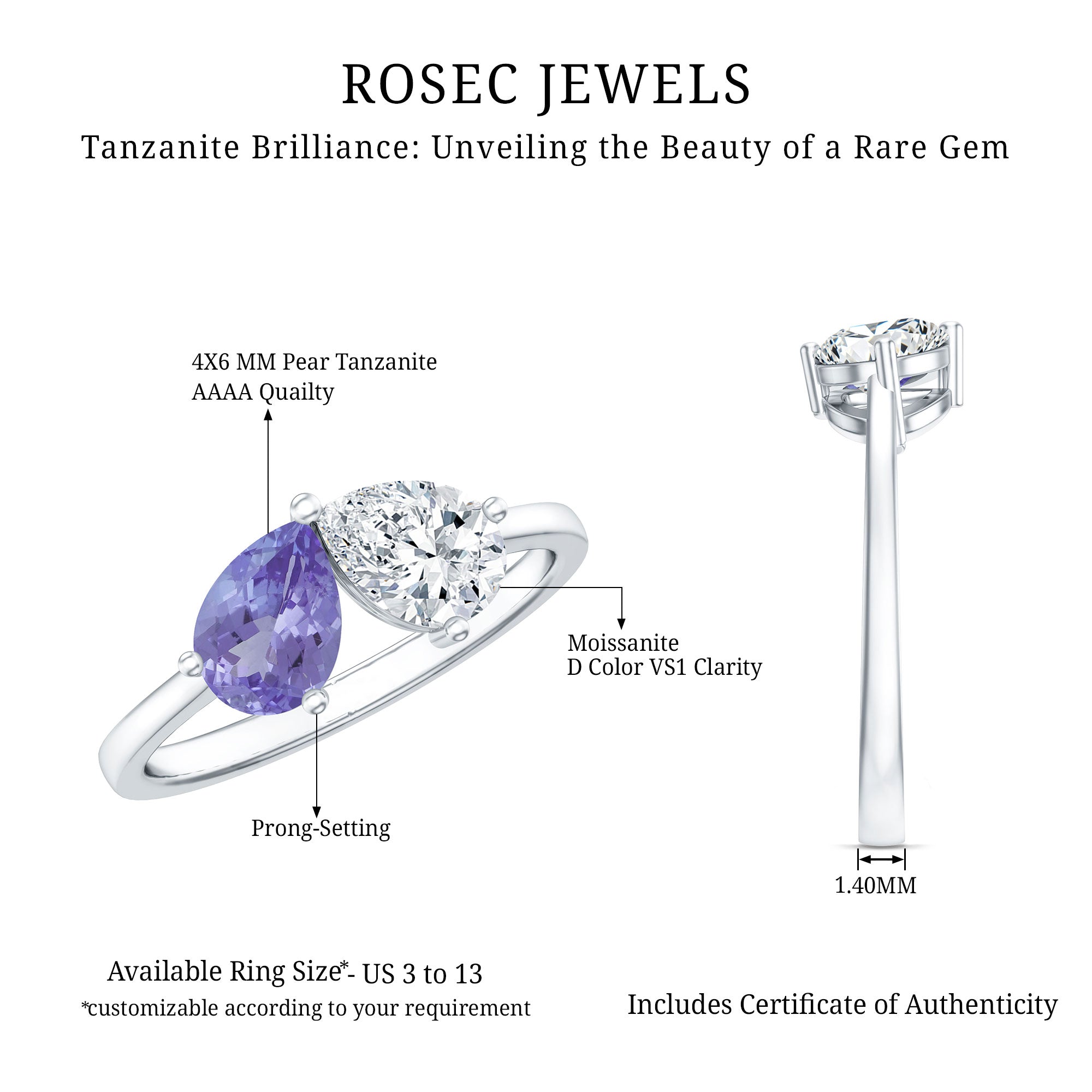 Pear Shaped Tanzanite Moissanite Two Stone Promise Ring in Silver AAA 92.5 Sterling Silver - Rosec Jewels