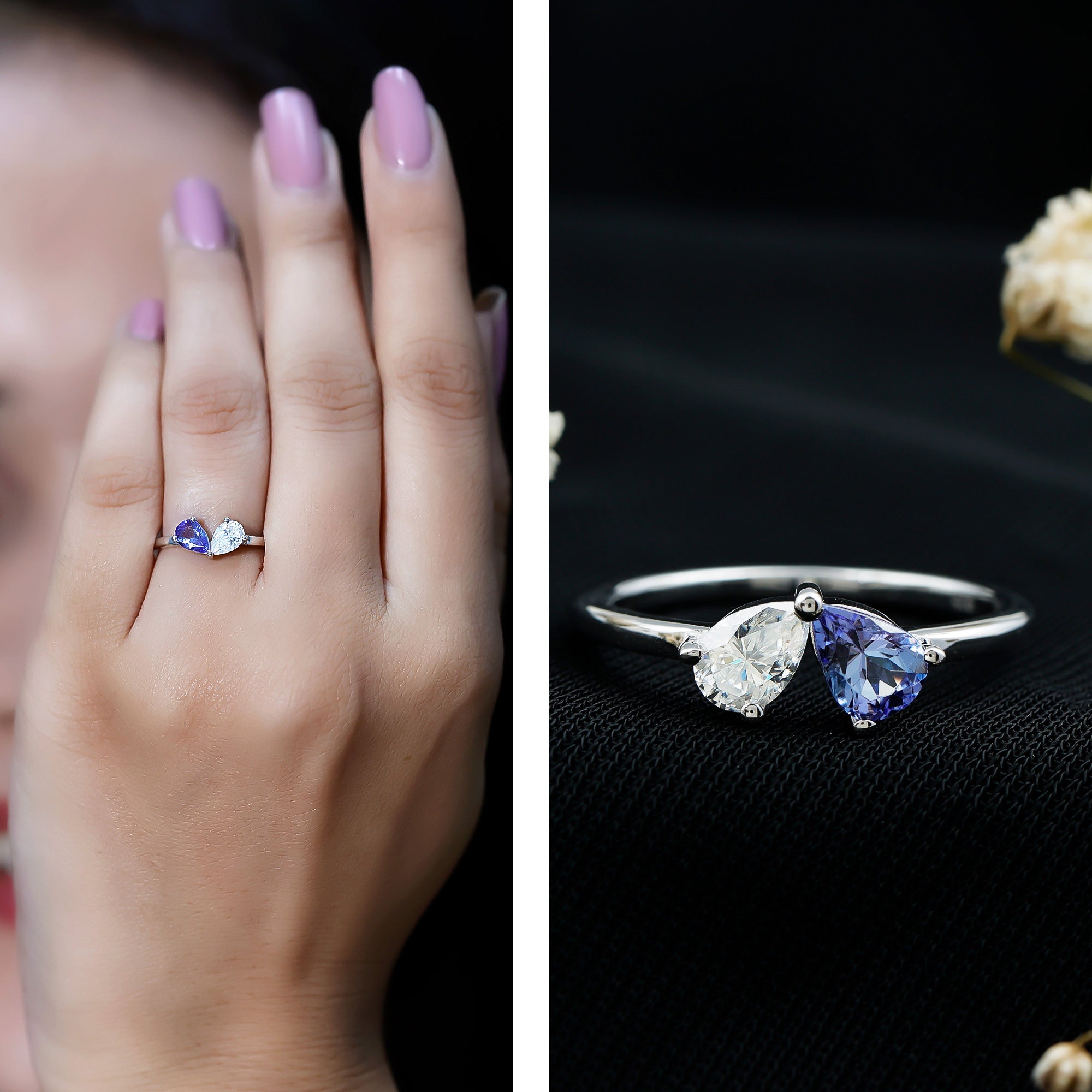 Pear Shaped Tanzanite Moissanite Two Stone Promise Ring in Silver AAA 92.5 Sterling Silver - Rosec Jewels