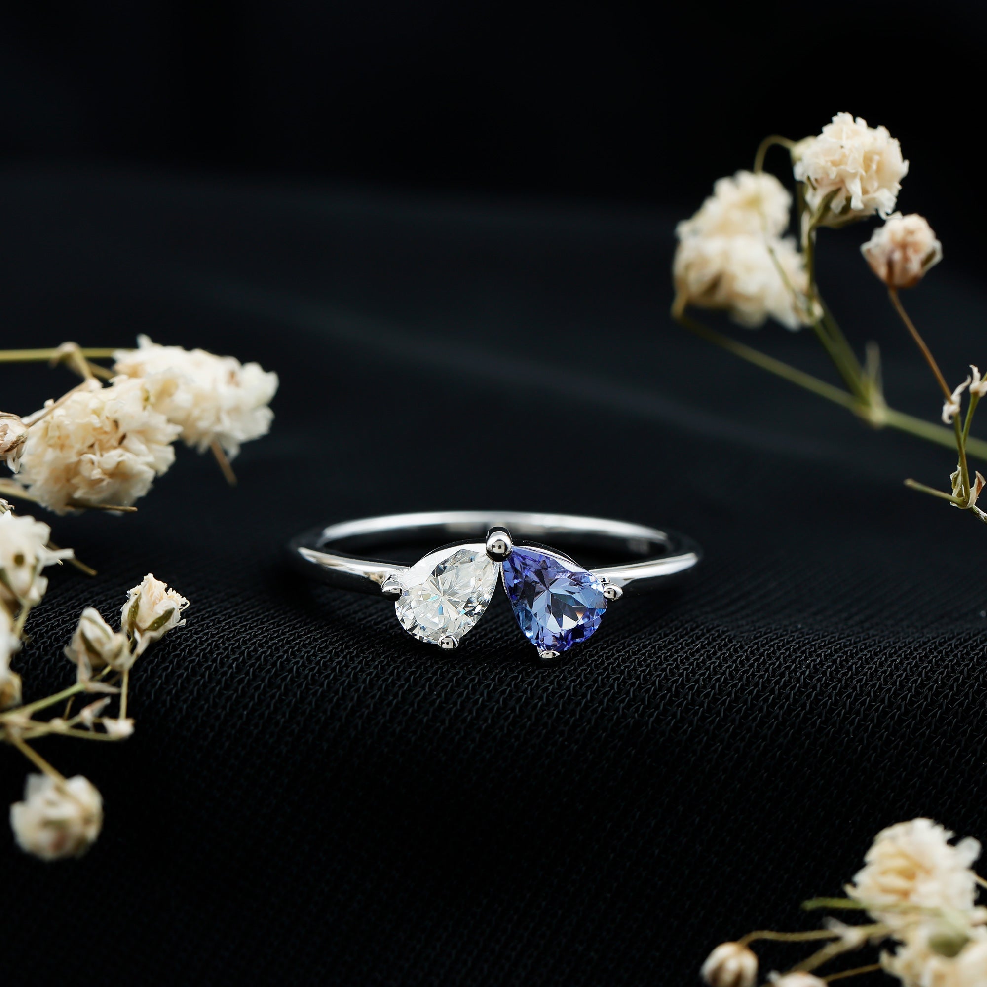 Pear Shaped Tanzanite Moissanite Two Stone Promise Ring in Silver AAA 92.5 Sterling Silver - Rosec Jewels