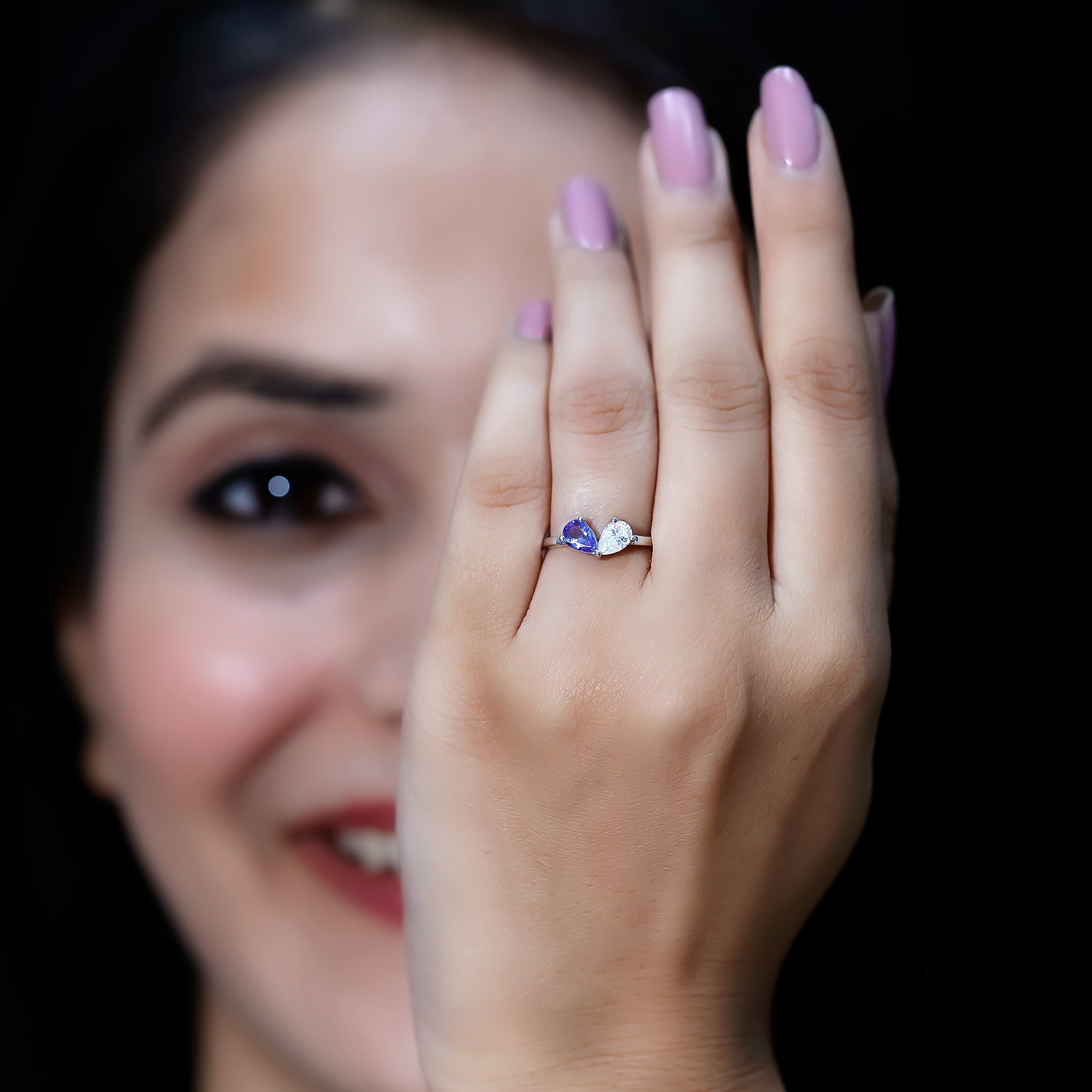 Rosec Jewels-Pear Shaped Tanzanite Moissanite Two Stone Promise Ring in Silver