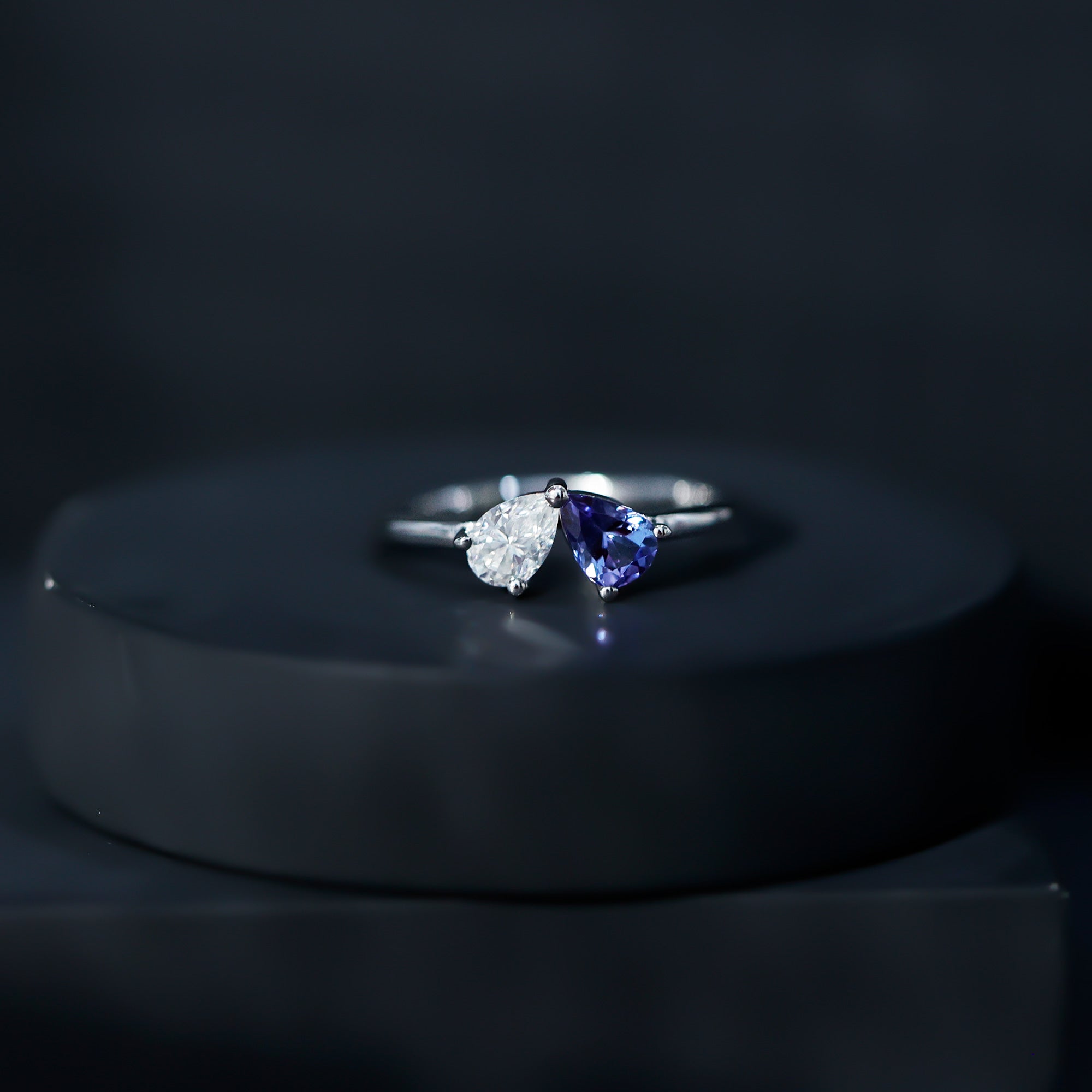 Pear Shaped Tanzanite Moissanite Two Stone Promise Ring in Silver AAA 92.5 Sterling Silver - Rosec Jewels