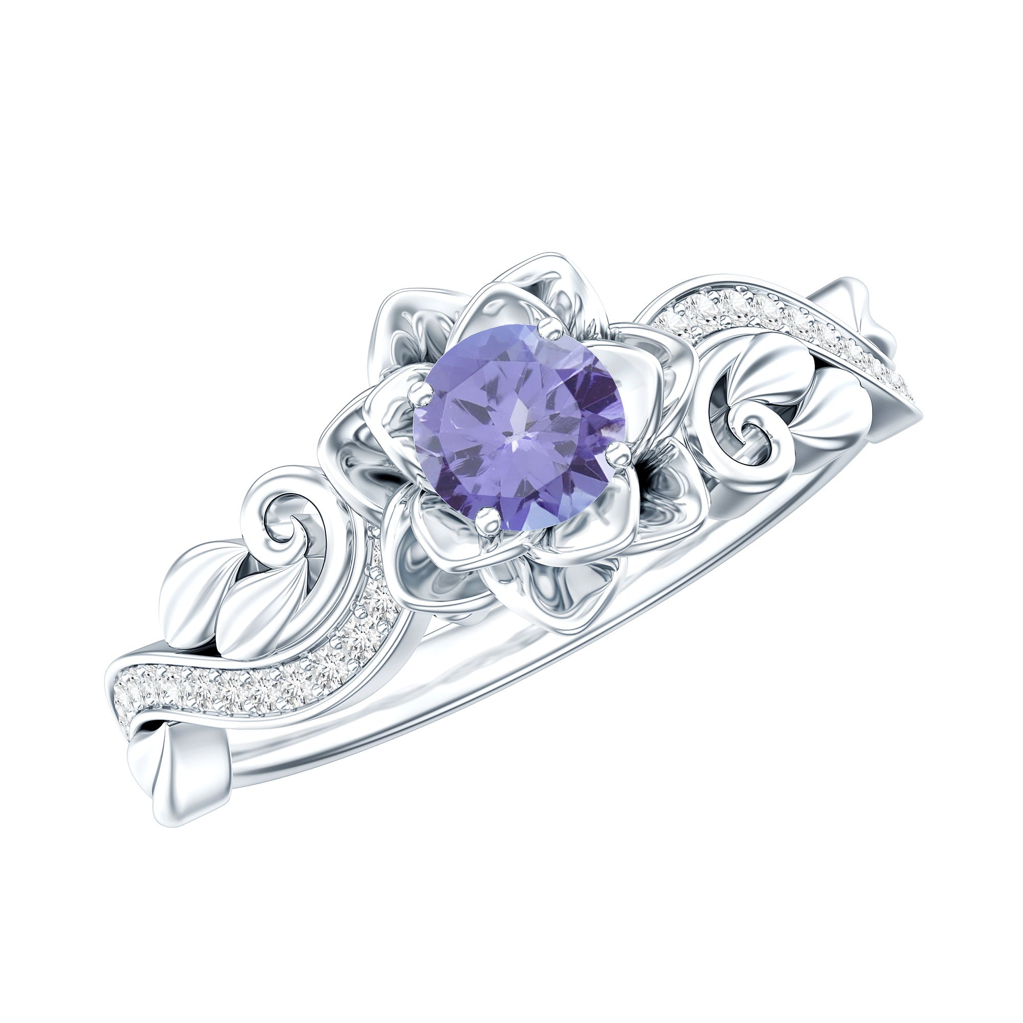 Certified Tanzanite and Diamond Flower Engagement Ring in Silver AAA 92.5 Sterling Silver - Rosec Jewels