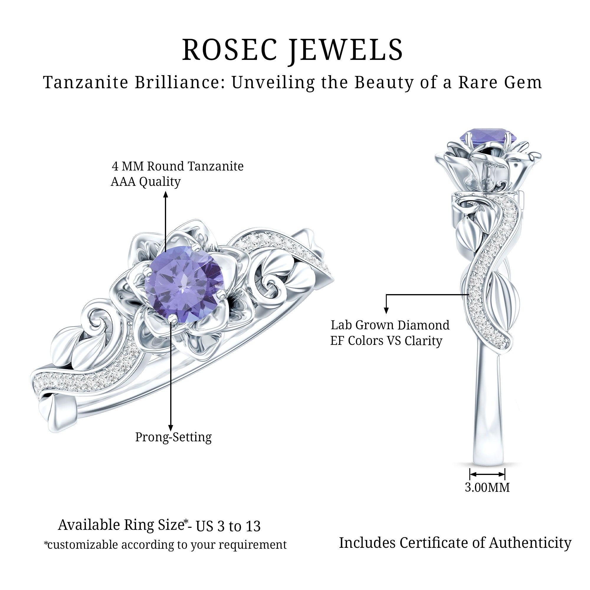 Certified Tanzanite and Diamond Flower Engagement Ring in Silver AAA 92.5 Sterling Silver - Rosec Jewels