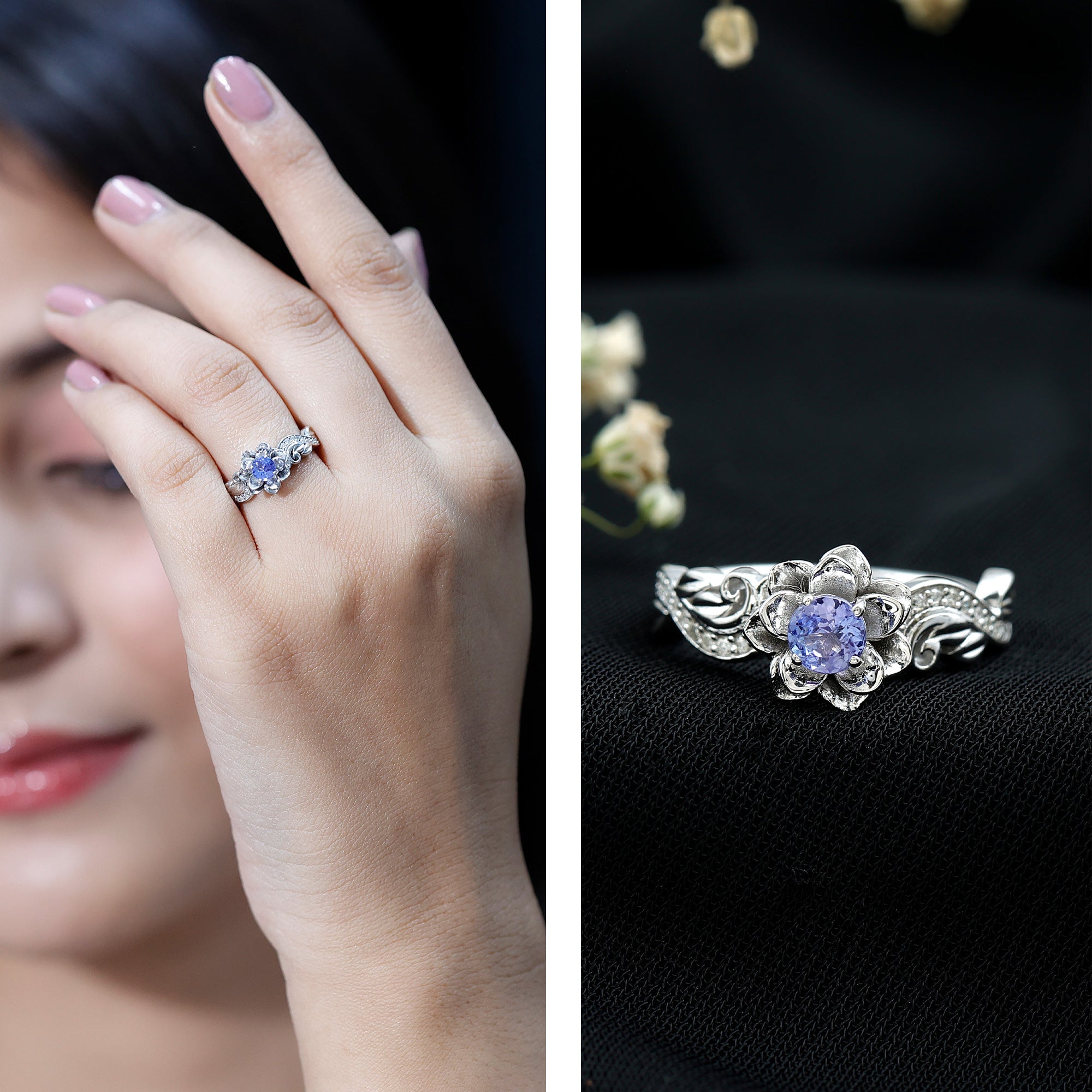 Certified Tanzanite and Diamond Flower Engagement Ring in Silver AAA 92.5 Sterling Silver - Rosec Jewels