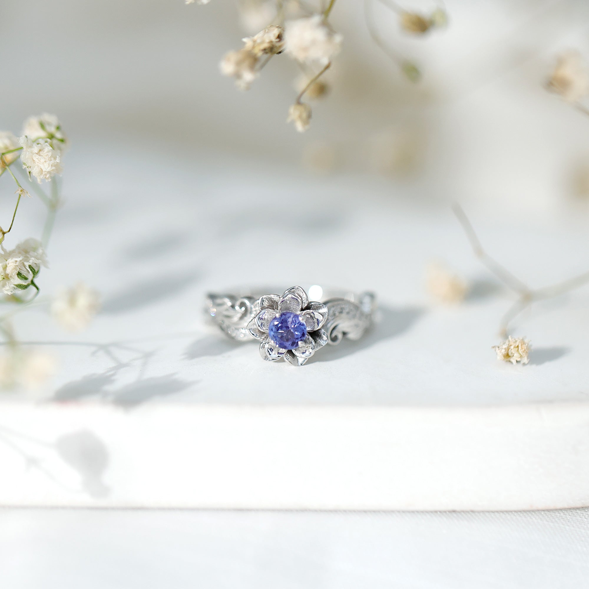 Certified Tanzanite and Diamond Flower Engagement Ring in Silver AAA 92.5 Sterling Silver - Rosec Jewels