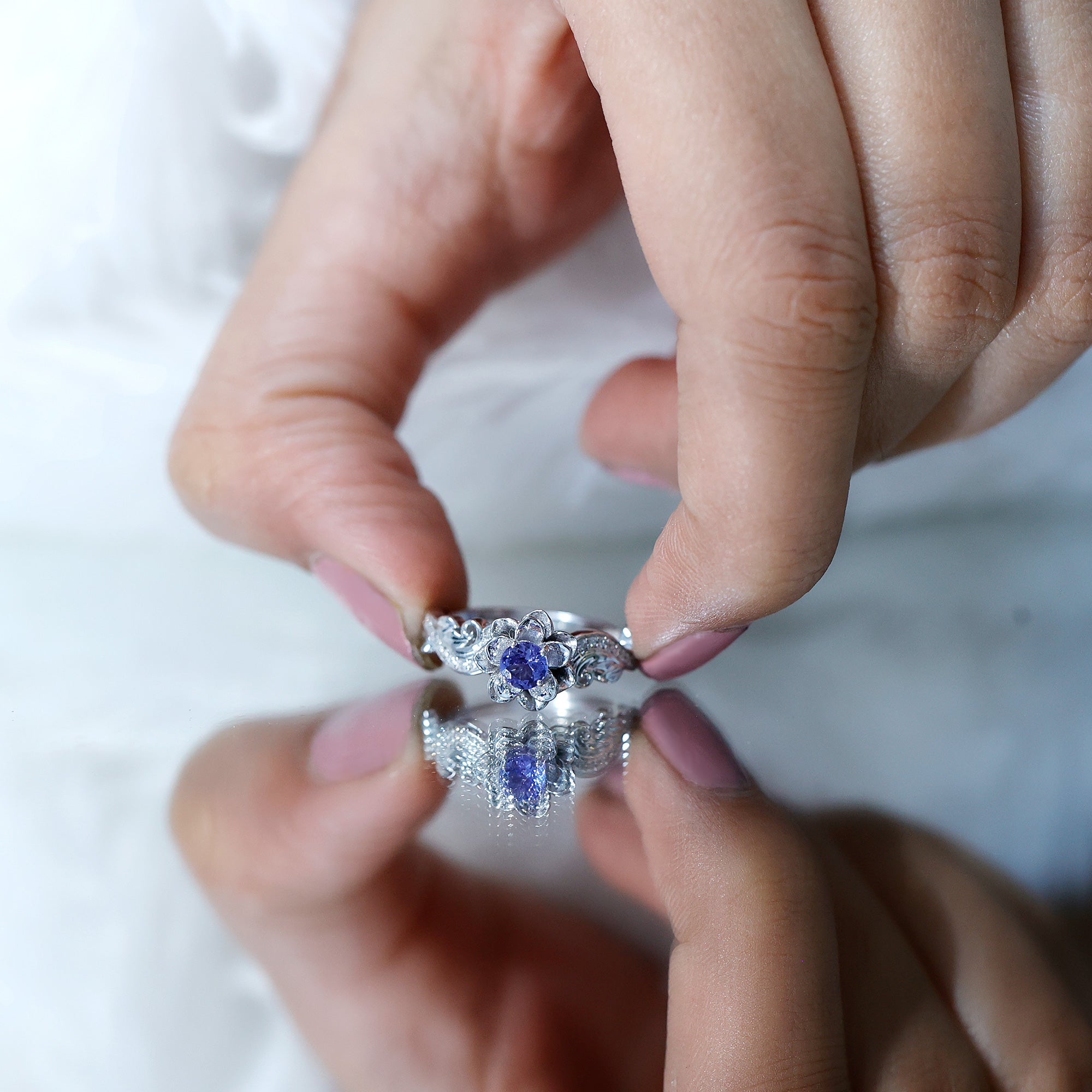Certified Tanzanite and Diamond Flower Engagement Ring in Silver AAA 92.5 Sterling Silver - Rosec Jewels