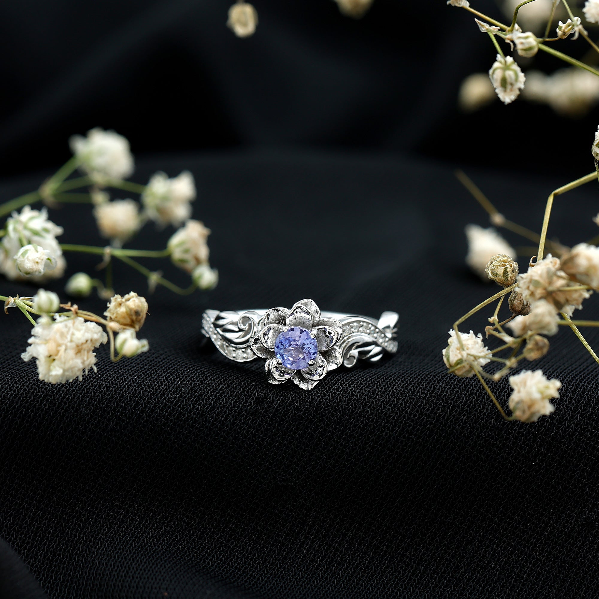 Certified Tanzanite and Diamond Flower Engagement Ring in Silver AAA 92.5 Sterling Silver - Rosec Jewels