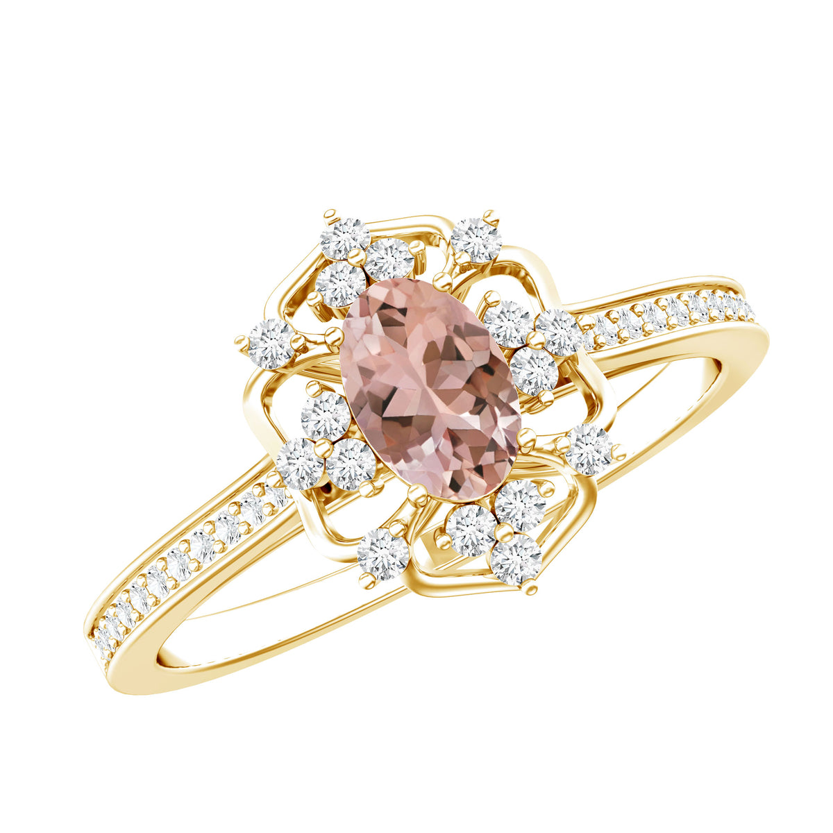 Vintage Inspired Morganite Engagement Ring with Diamonds AAA 14K Yellow Gold Plated Silver - Rosec Jewels