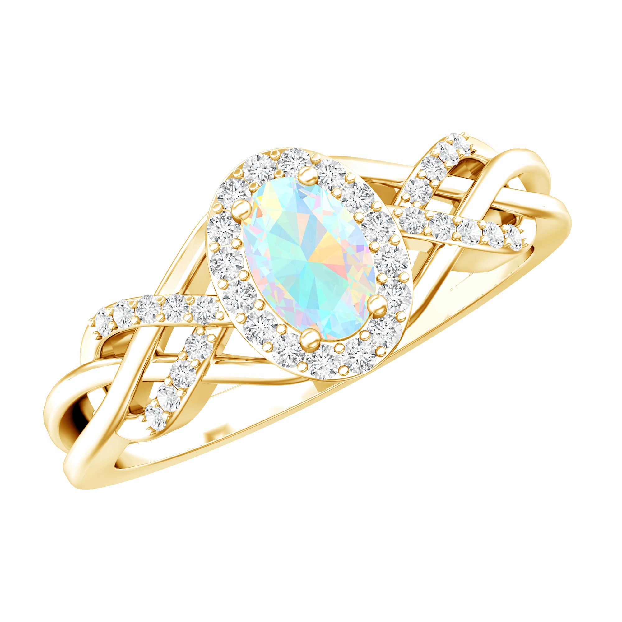 Genuine Ethiopian Opal and Diamond Oval Engagement Ring AAA 14K Yellow Gold Plated Silver - Rosec Jewels