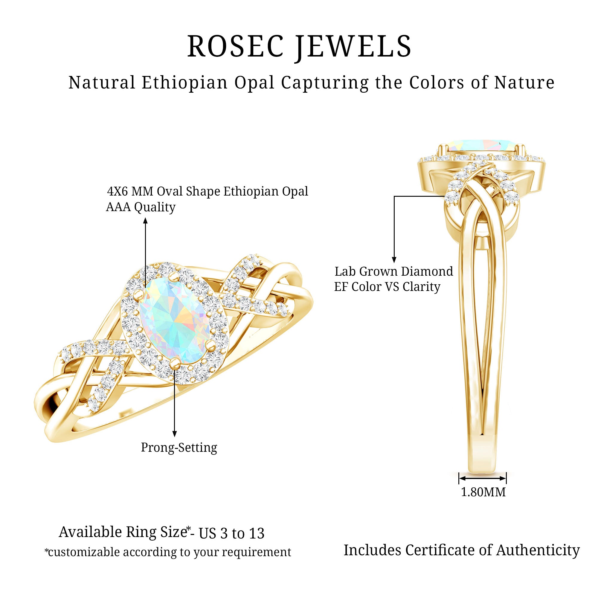 Genuine Ethiopian Opal and Diamond Oval Engagement Ring AAA 14K Yellow Gold Plated Silver - Rosec Jewels