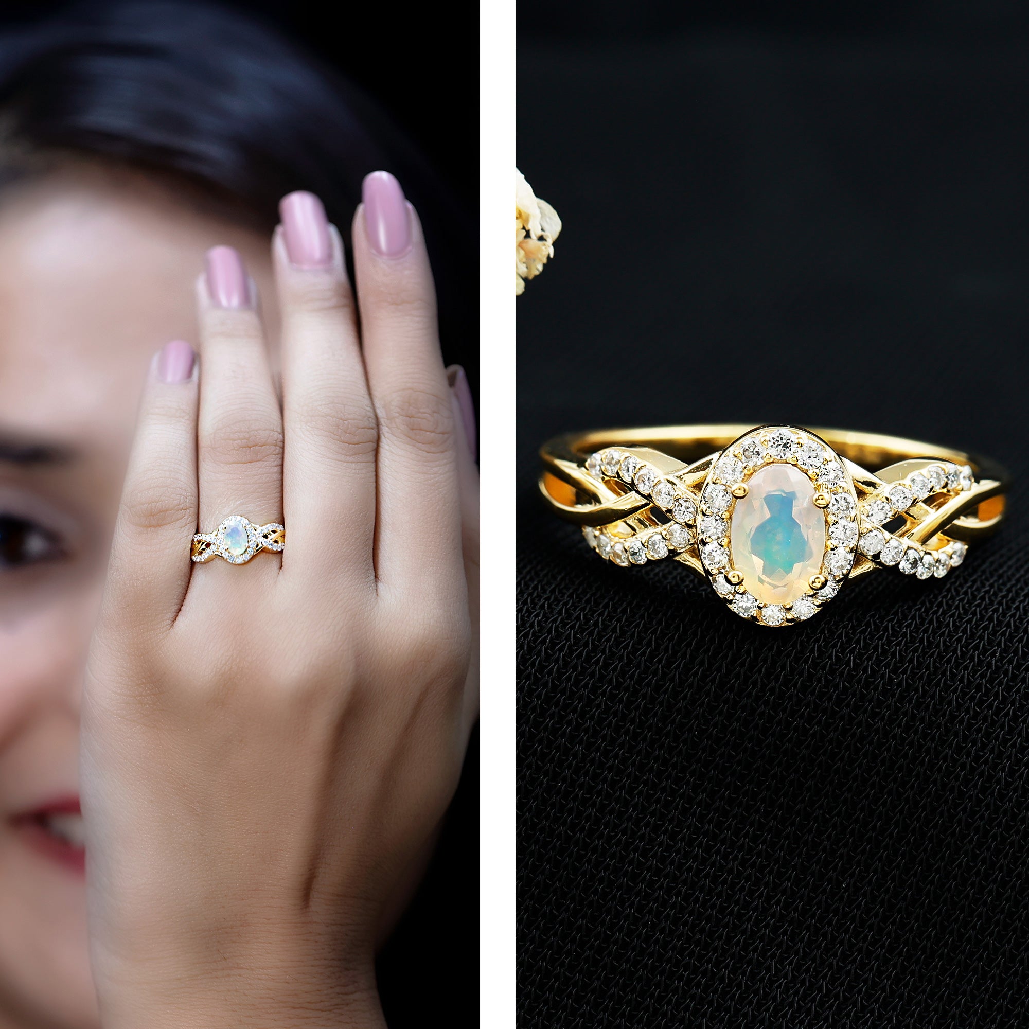Genuine Ethiopian Opal and Diamond Oval Engagement Ring AAA 14K Yellow Gold Plated Silver - Rosec Jewels