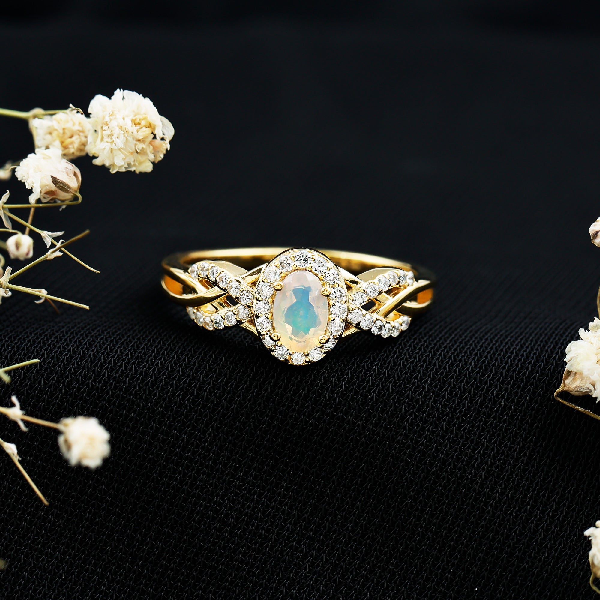 Genuine Ethiopian Opal and Diamond Oval Engagement Ring AAA 14K Yellow Gold Plated Silver - Rosec Jewels