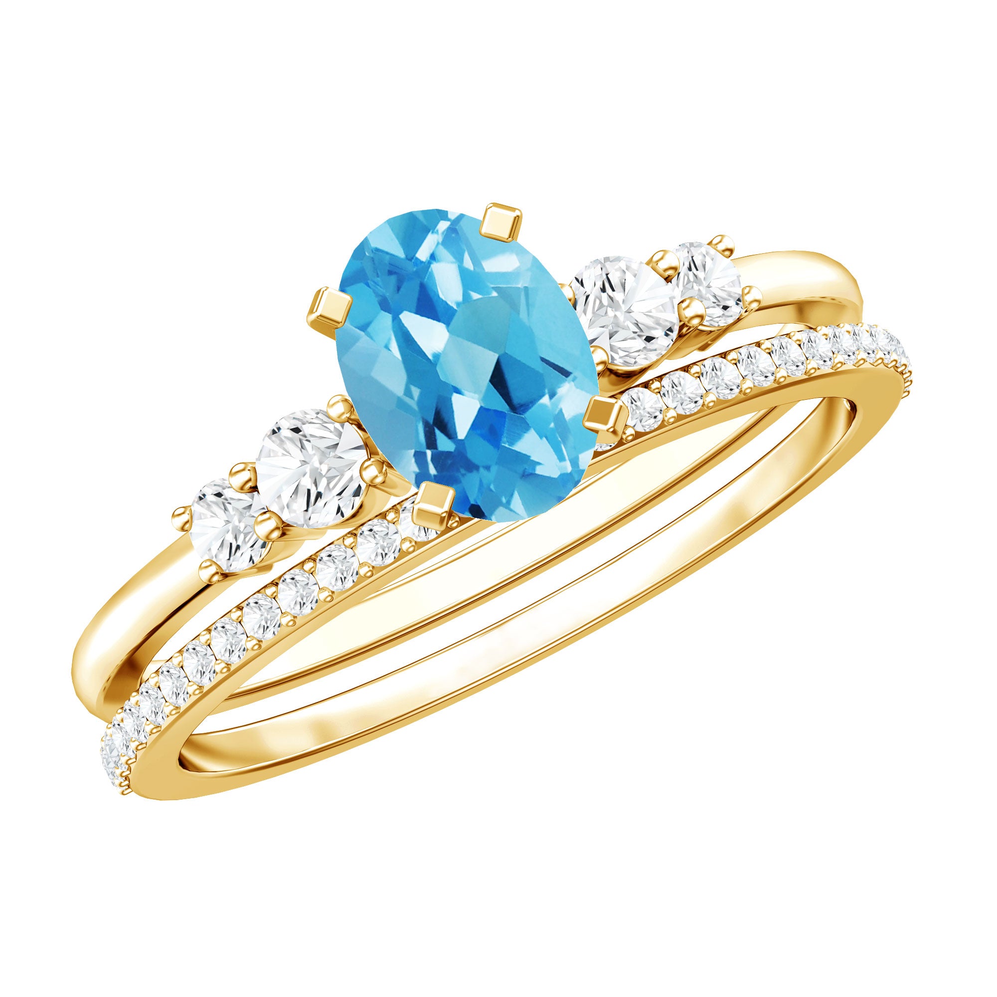 Oval Swiss Blue Topaz Diamond Wedding Ring Set in Silver AAA 14K Yellow Gold Plated Silver - Rosec Jewels