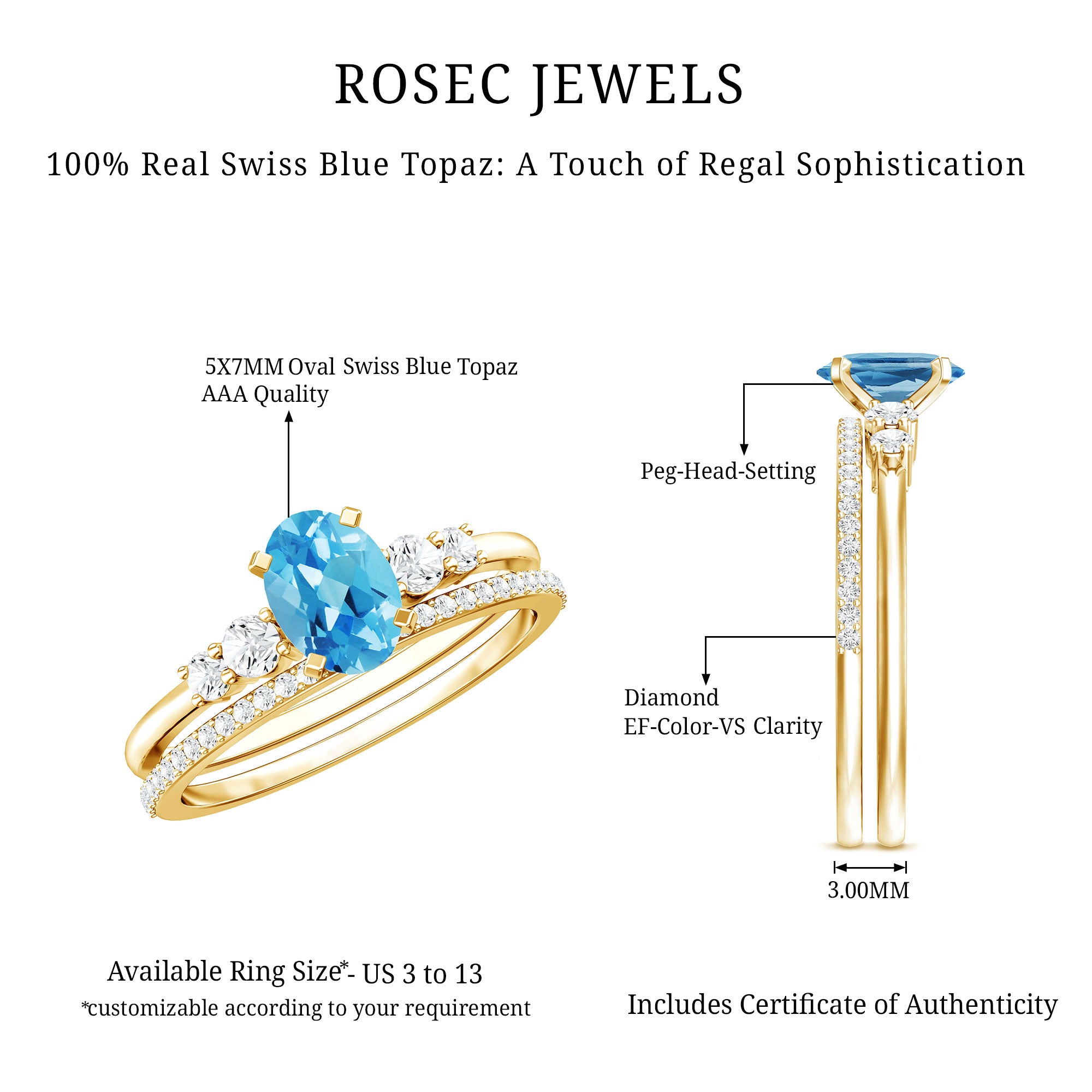 Oval Swiss Blue Topaz Diamond Wedding Ring Set in Silver AAA 14K Yellow Gold Plated Silver - Rosec Jewels