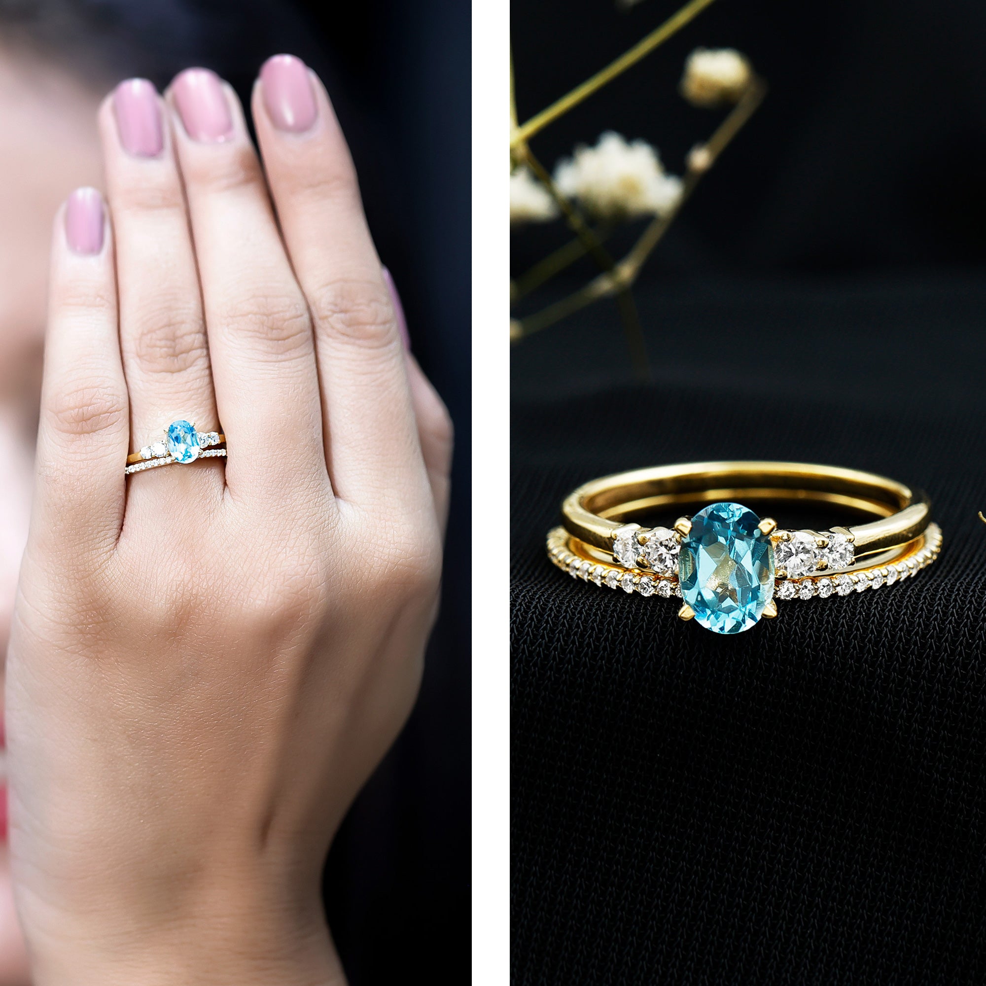 Oval Swiss Blue Topaz Diamond Wedding Ring Set in Silver AAA 14K Yellow Gold Plated Silver - Rosec Jewels