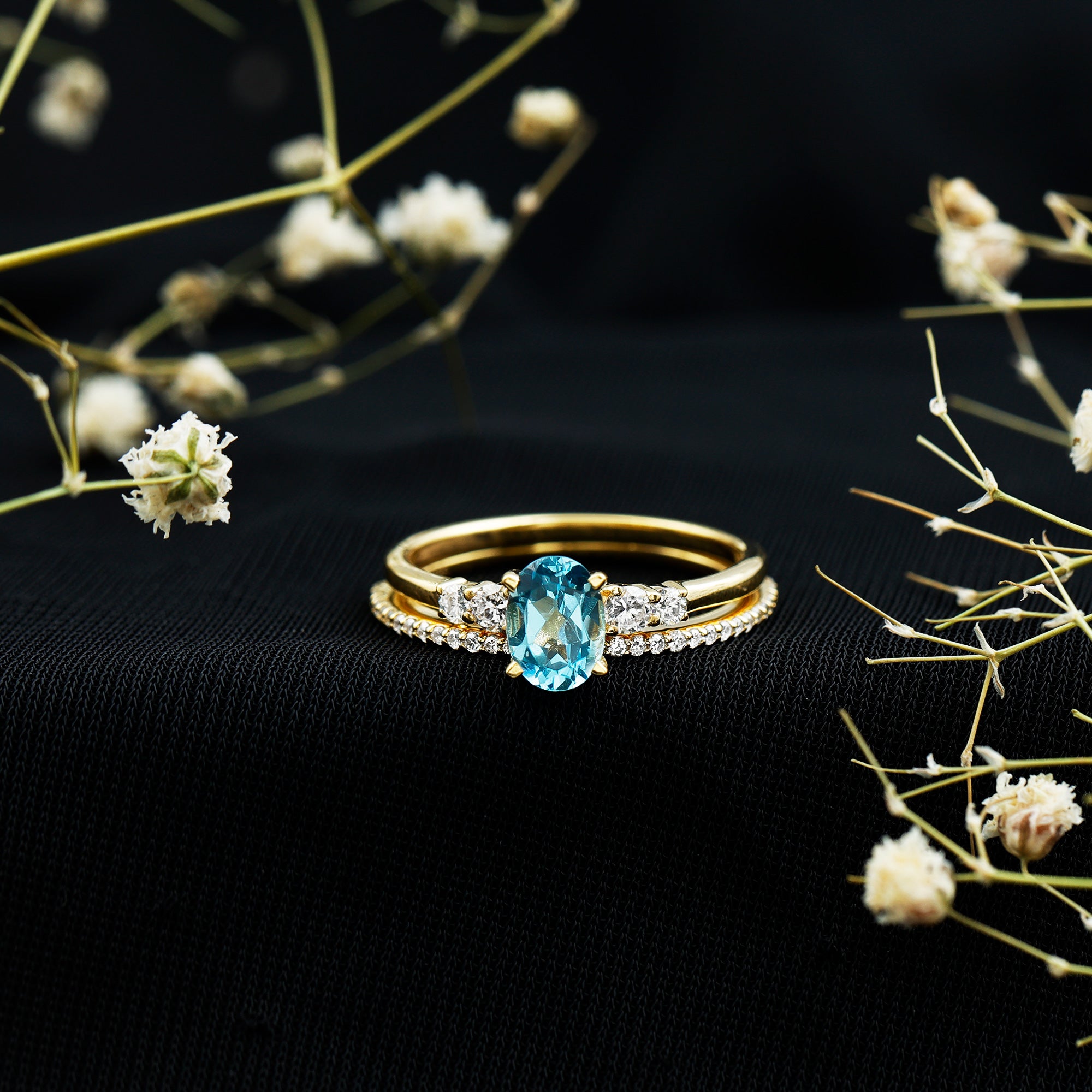 Oval Swiss Blue Topaz Diamond Wedding Ring Set in Silver AAA 14K Yellow Gold Plated Silver - Rosec Jewels