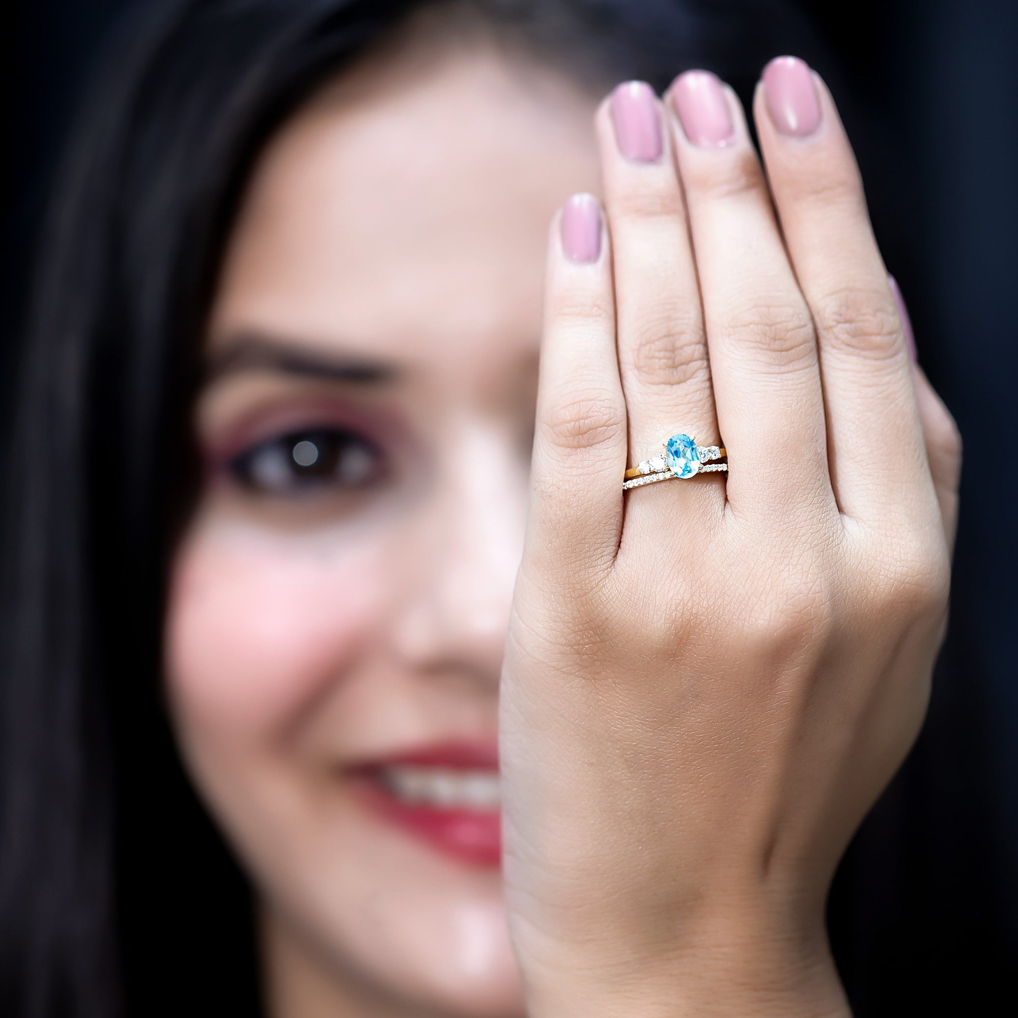 Oval Swiss Blue Topaz Diamond Wedding Ring Set in Silver AAA 14K Yellow Gold Plated Silver - Rosec Jewels