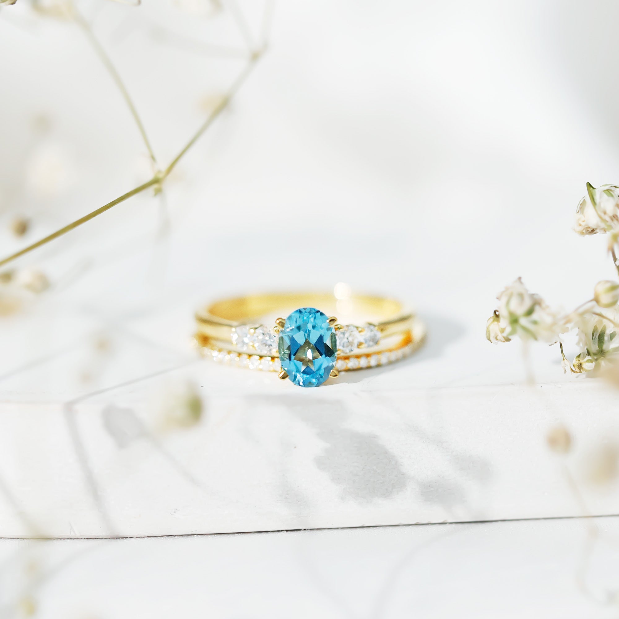 Oval Swiss Blue Topaz Diamond Wedding Ring Set in Silver AAA 14K Yellow Gold Plated Silver - Rosec Jewels