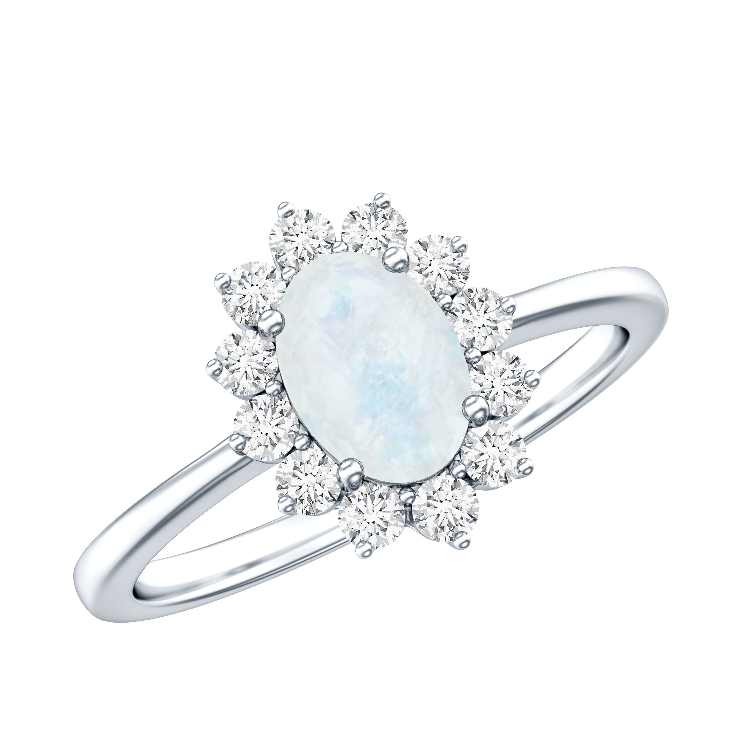 Natural 1 Carat Oval Cut Moonstone and Diamond Engagement Ring AAA 92.5 Sterling Silver - Rosec Jewels