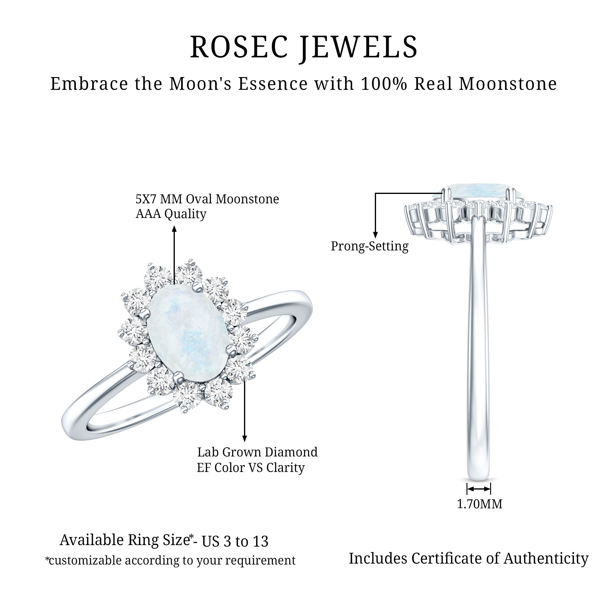 Natural 1 Carat Oval Cut Moonstone and Diamond Engagement Ring AAA 92.5 Sterling Silver - Rosec Jewels
