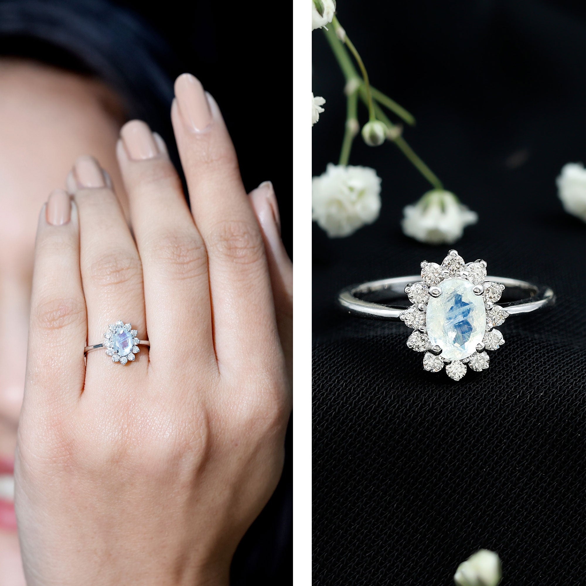 Natural 1 Carat Oval Cut Moonstone and Diamond Engagement Ring AAA 92.5 Sterling Silver - Rosec Jewels