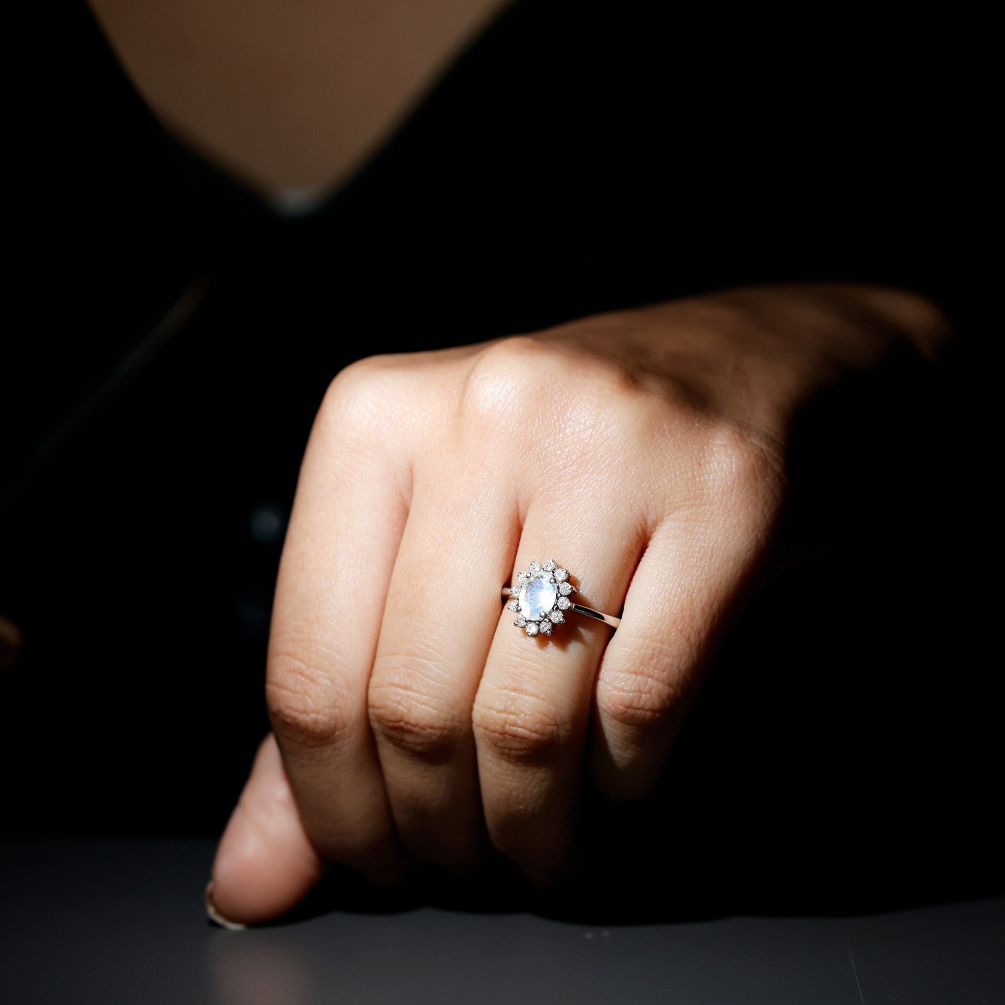 Natural 1 Carat Oval Cut Moonstone and Diamond Engagement Ring AAA 92.5 Sterling Silver - Rosec Jewels