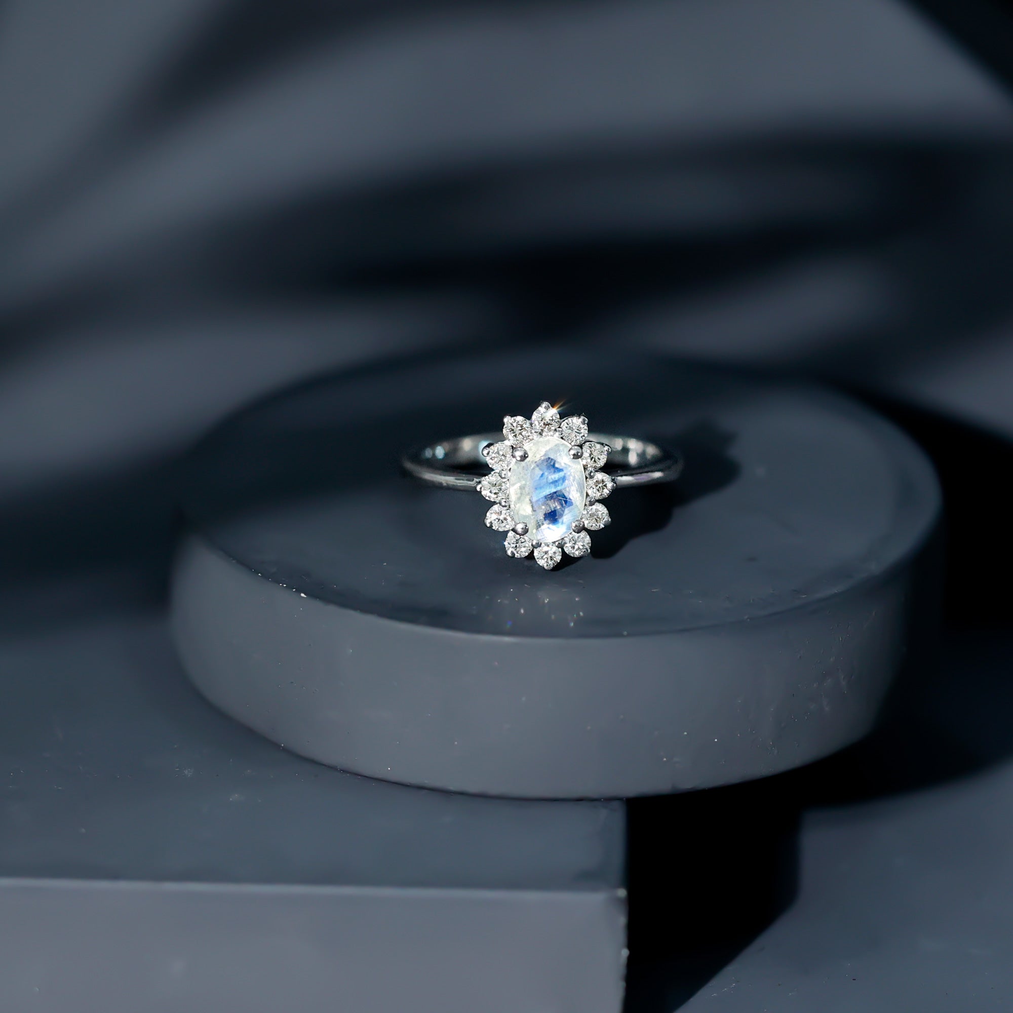 Natural 1 Carat Oval Cut Moonstone and Diamond Engagement Ring AAA 92.5 Sterling Silver - Rosec Jewels
