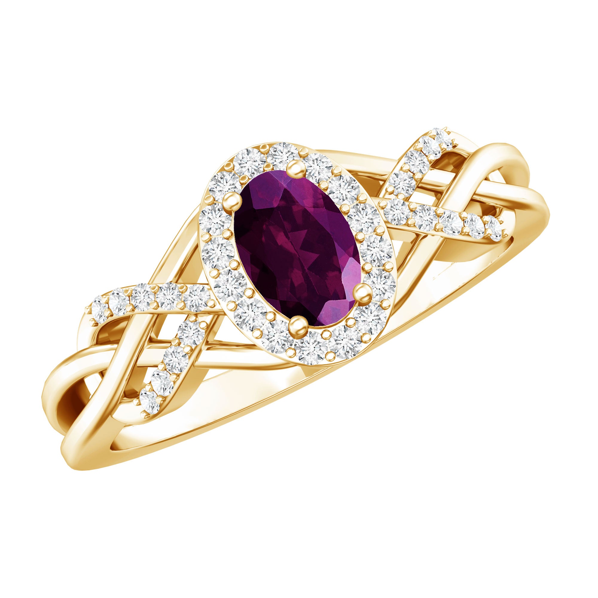 Genuine Rhodolite Garnet and Diamond Criss Cross Engagement Ring AAA 14K Yellow Gold Plated Silver - Rosec Jewels