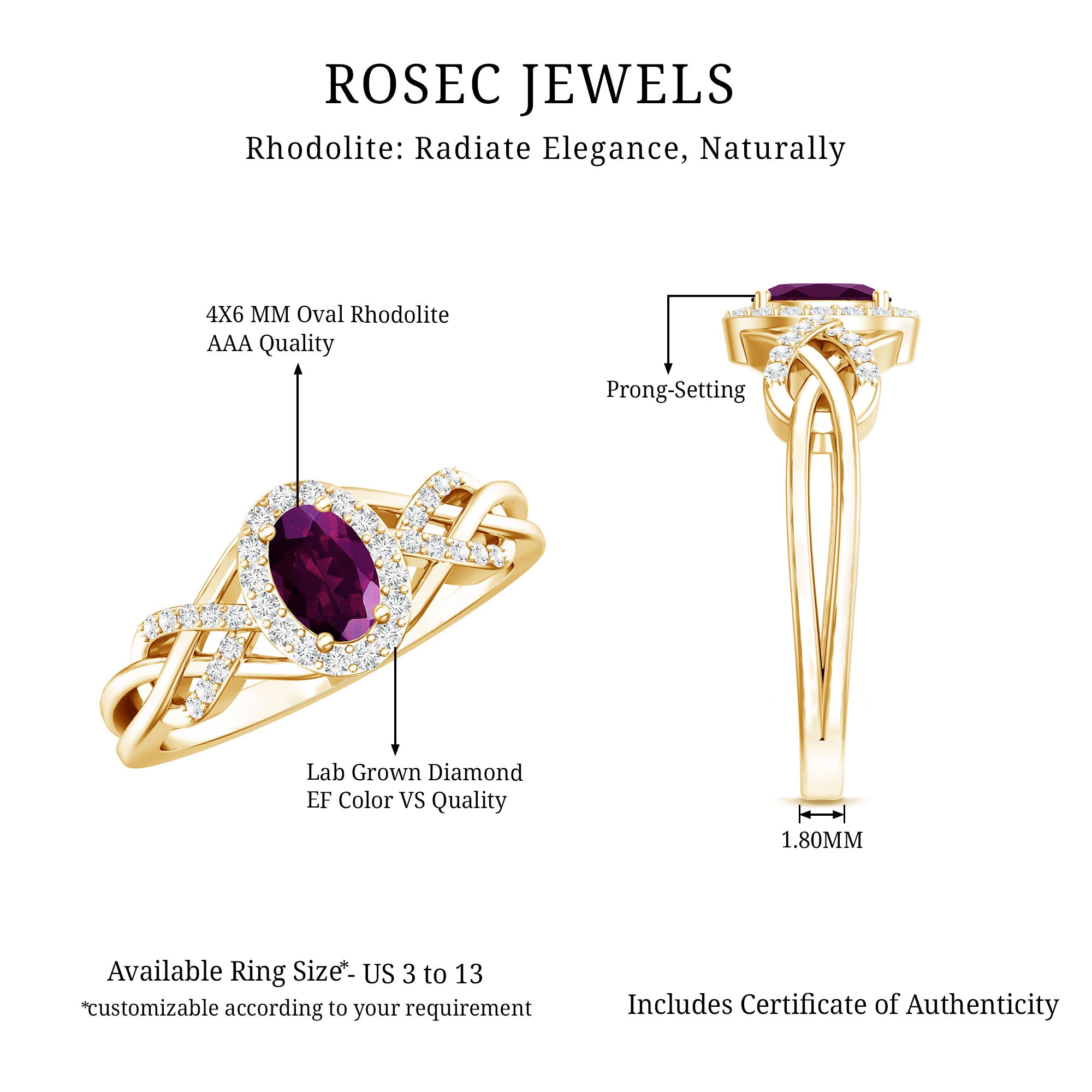 Genuine Rhodolite Garnet and Diamond Criss Cross Engagement Ring AAA 14K Yellow Gold Plated Silver - Rosec Jewels