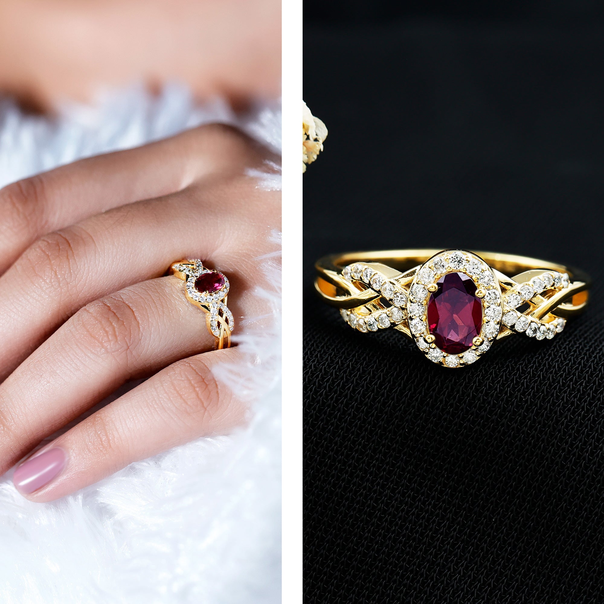 Genuine Rhodolite Garnet and Diamond Criss Cross Engagement Ring AAA 14K Yellow Gold Plated Silver - Rosec Jewels