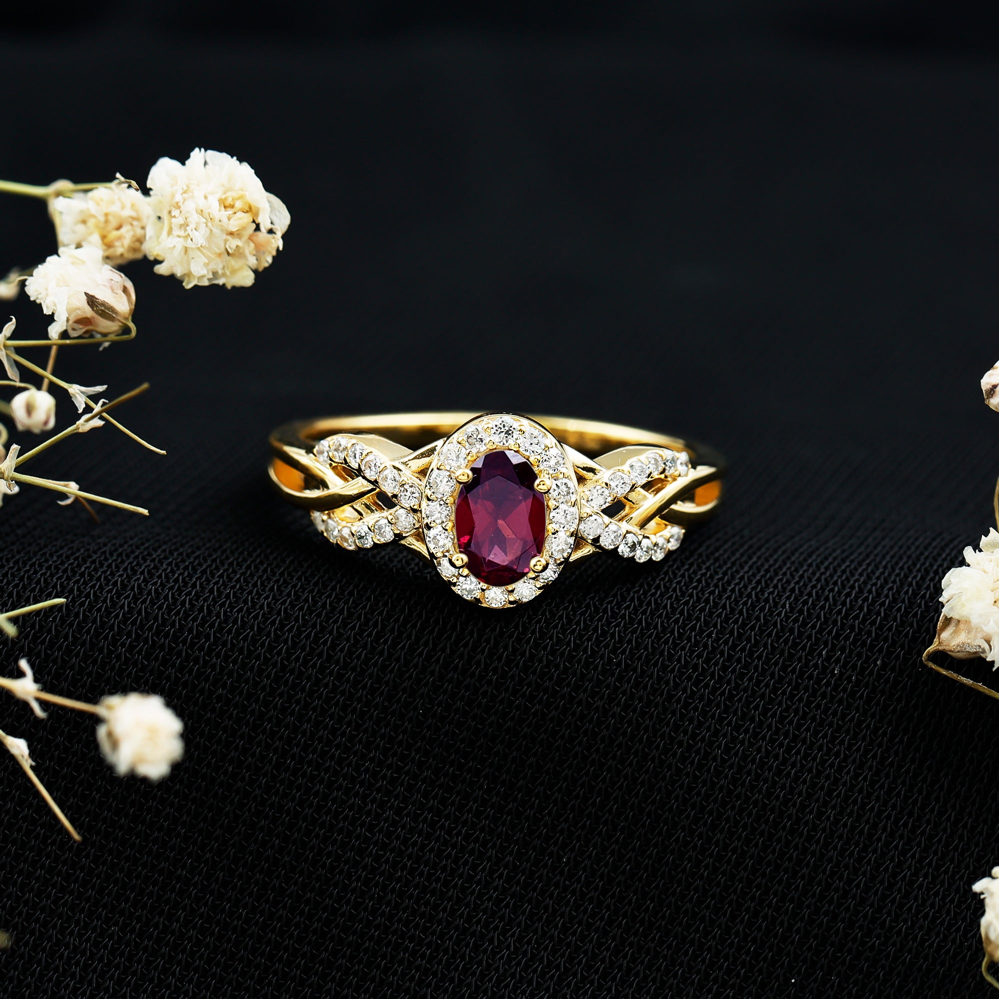 Genuine Rhodolite Garnet and Diamond Criss Cross Engagement Ring AAA 14K Yellow Gold Plated Silver - Rosec Jewels
