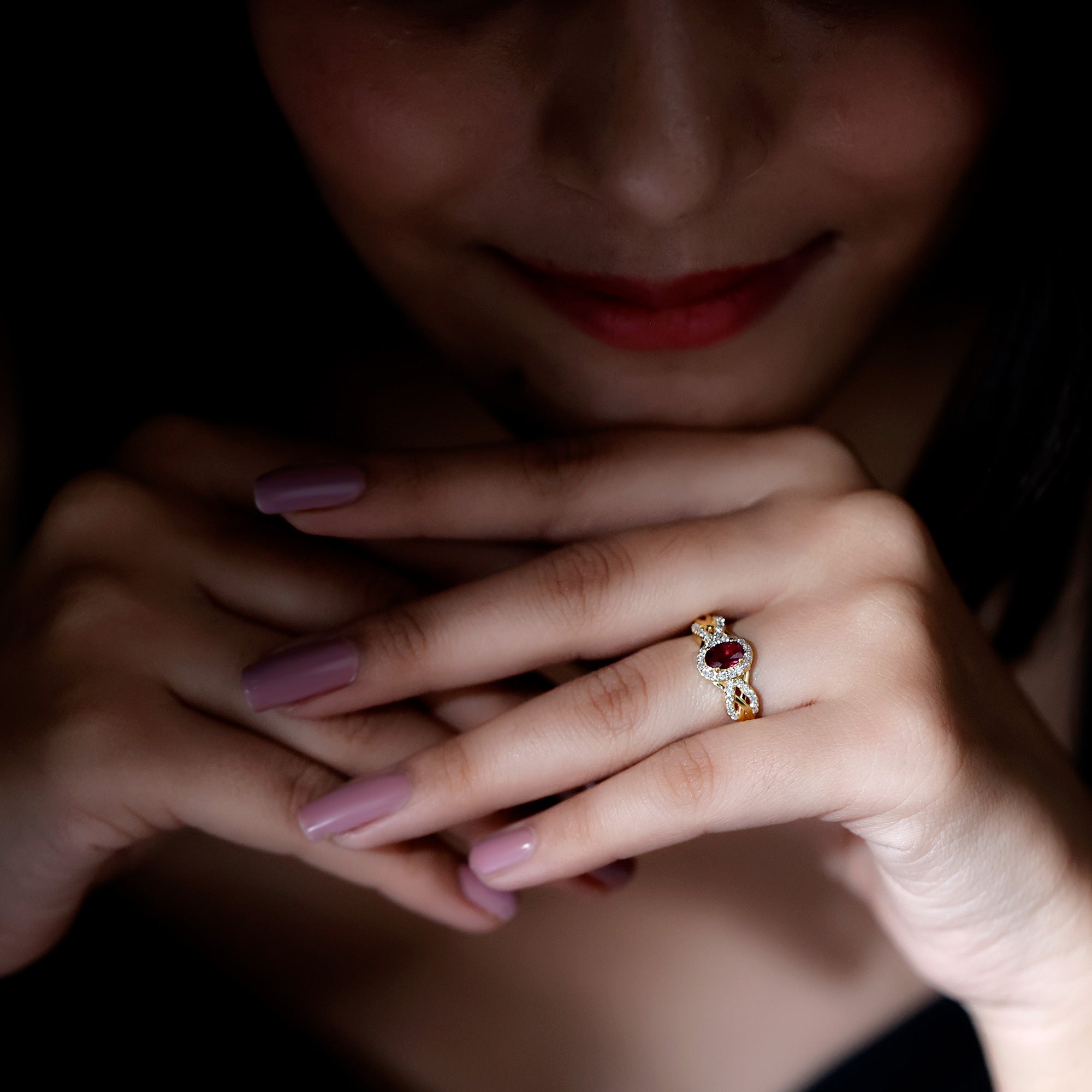 Genuine Rhodolite Garnet and Diamond Criss Cross Engagement Ring AAA 14K Yellow Gold Plated Silver - Rosec Jewels