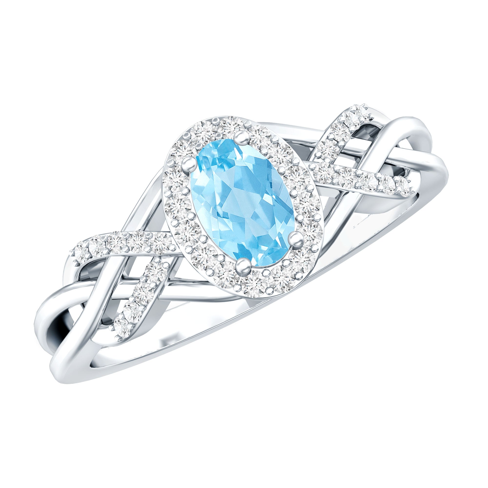 Genuine Aquamarine and Diamond Designer Engagement Ring in Silver AAA 92.5 Sterling Silver - Rosec Jewels