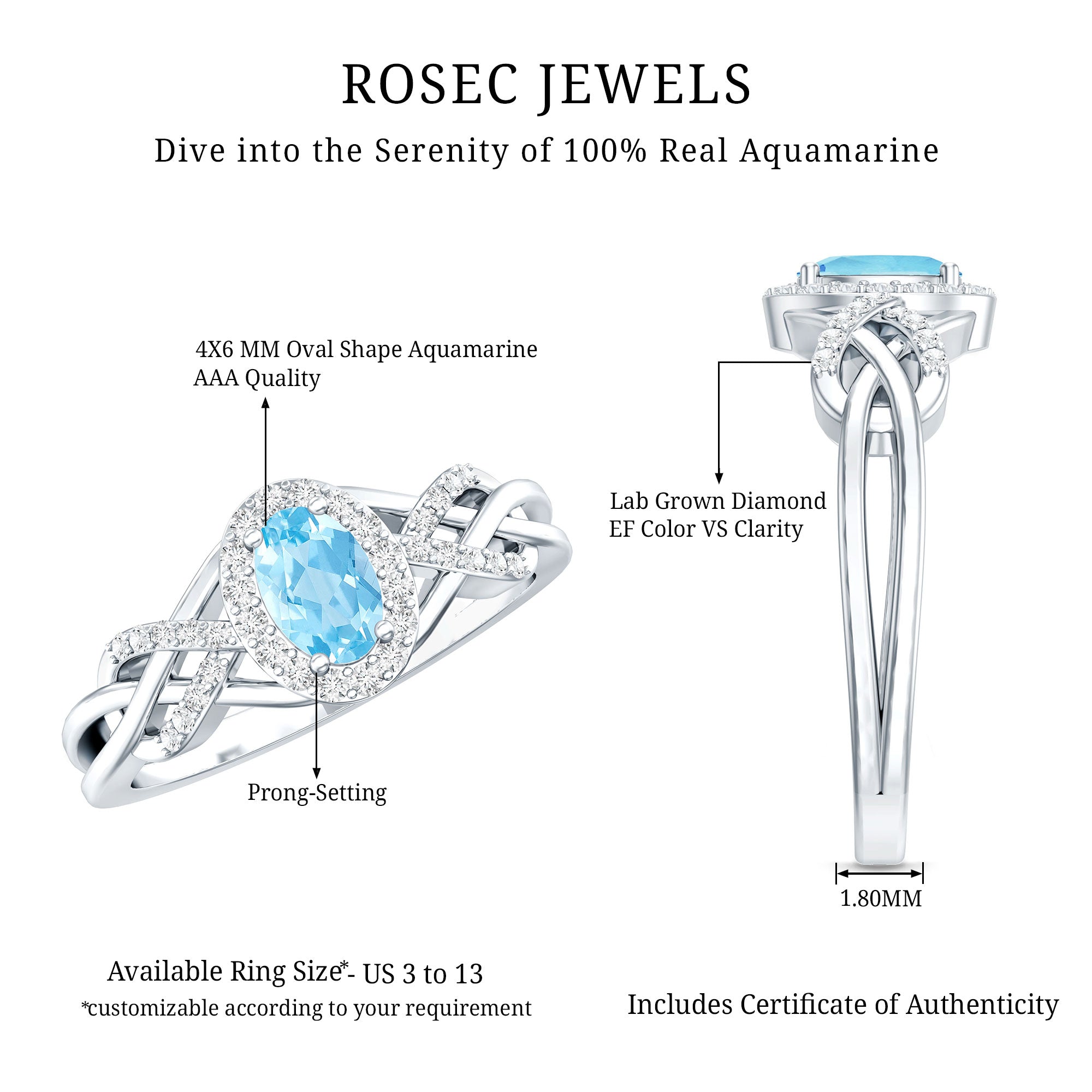 Genuine Aquamarine and Diamond Designer Engagement Ring in Silver AAA 92.5 Sterling Silver - Rosec Jewels