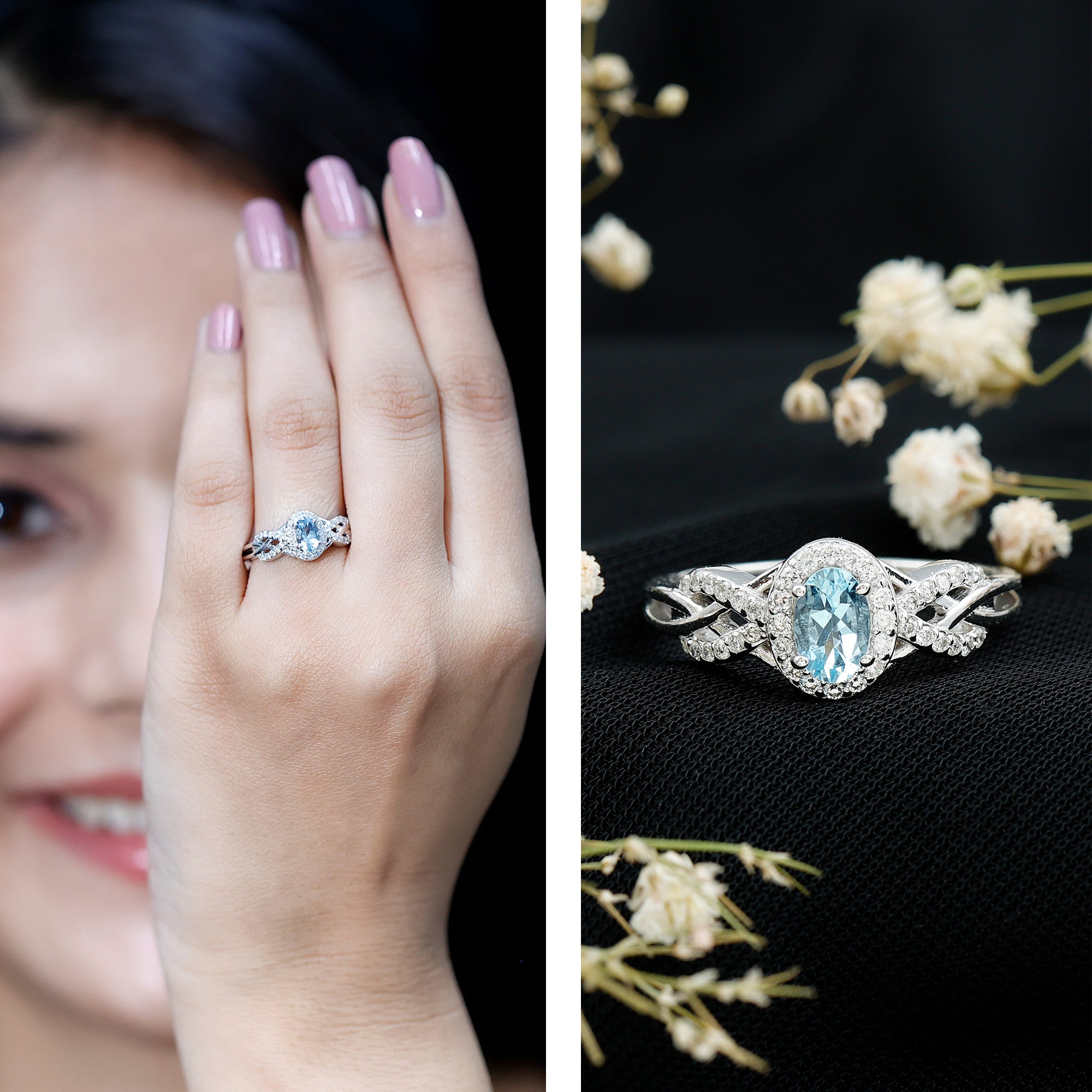 Genuine Aquamarine and Diamond Designer Engagement Ring in Silver AAA 92.5 Sterling Silver - Rosec Jewels