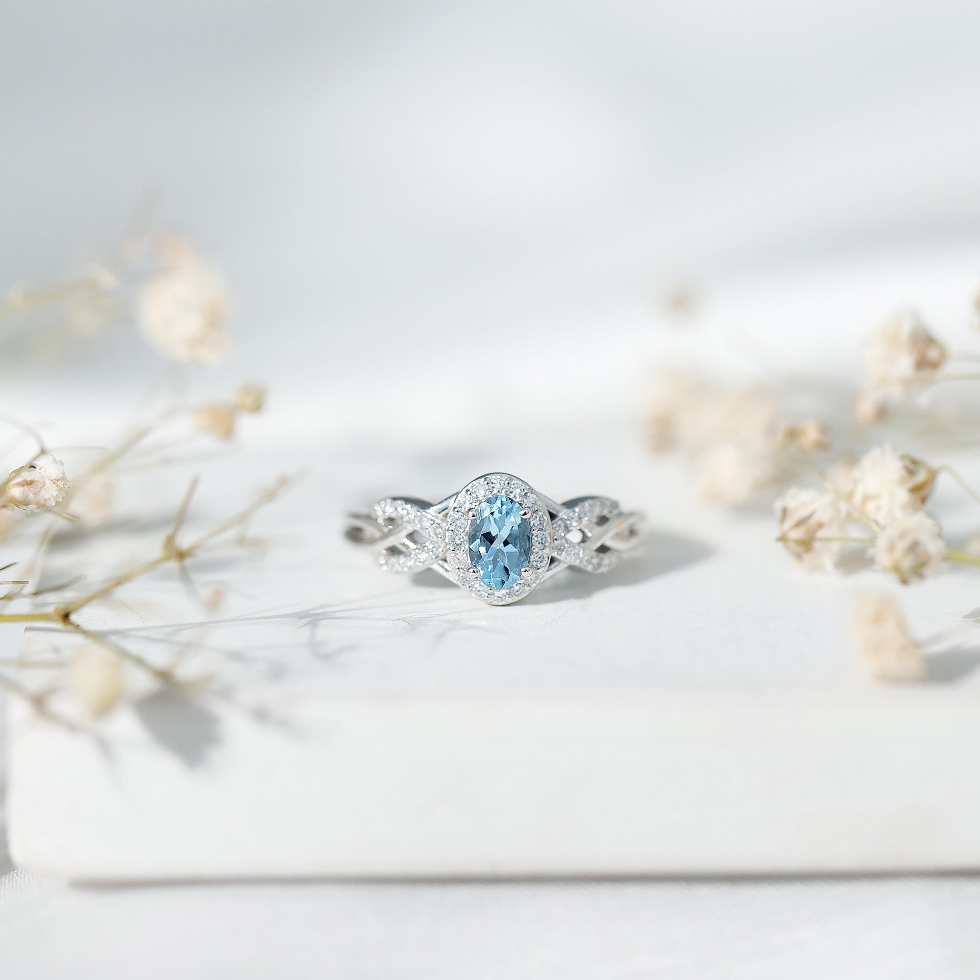 Genuine Aquamarine and Diamond Designer Engagement Ring in Silver AAA 92.5 Sterling Silver - Rosec Jewels