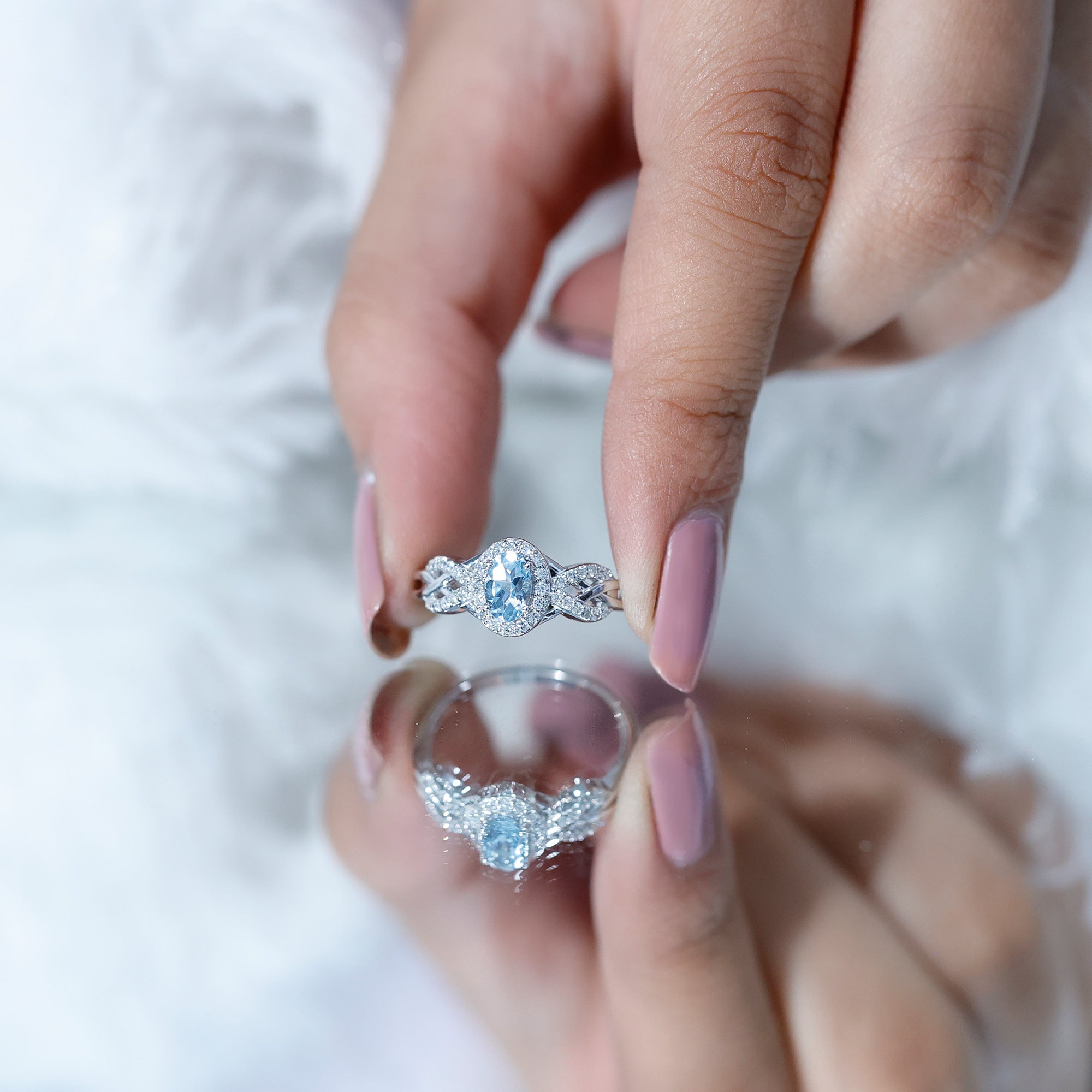 Genuine Aquamarine and Diamond Designer Engagement Ring in Silver AAA 92.5 Sterling Silver - Rosec Jewels