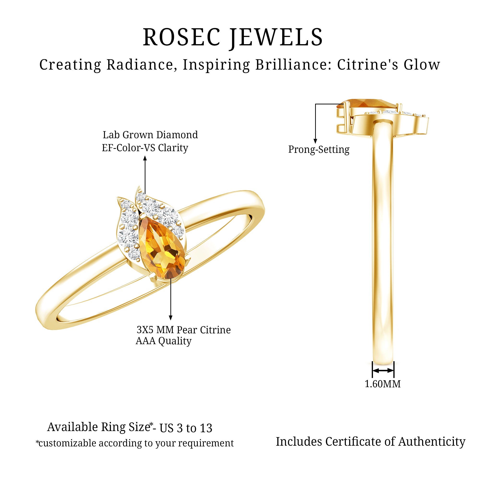 Minimalist Citrine and Diamond Promise Ring for Her in Silver AAA 14K Yellow Gold Plated Silver - Rosec Jewels