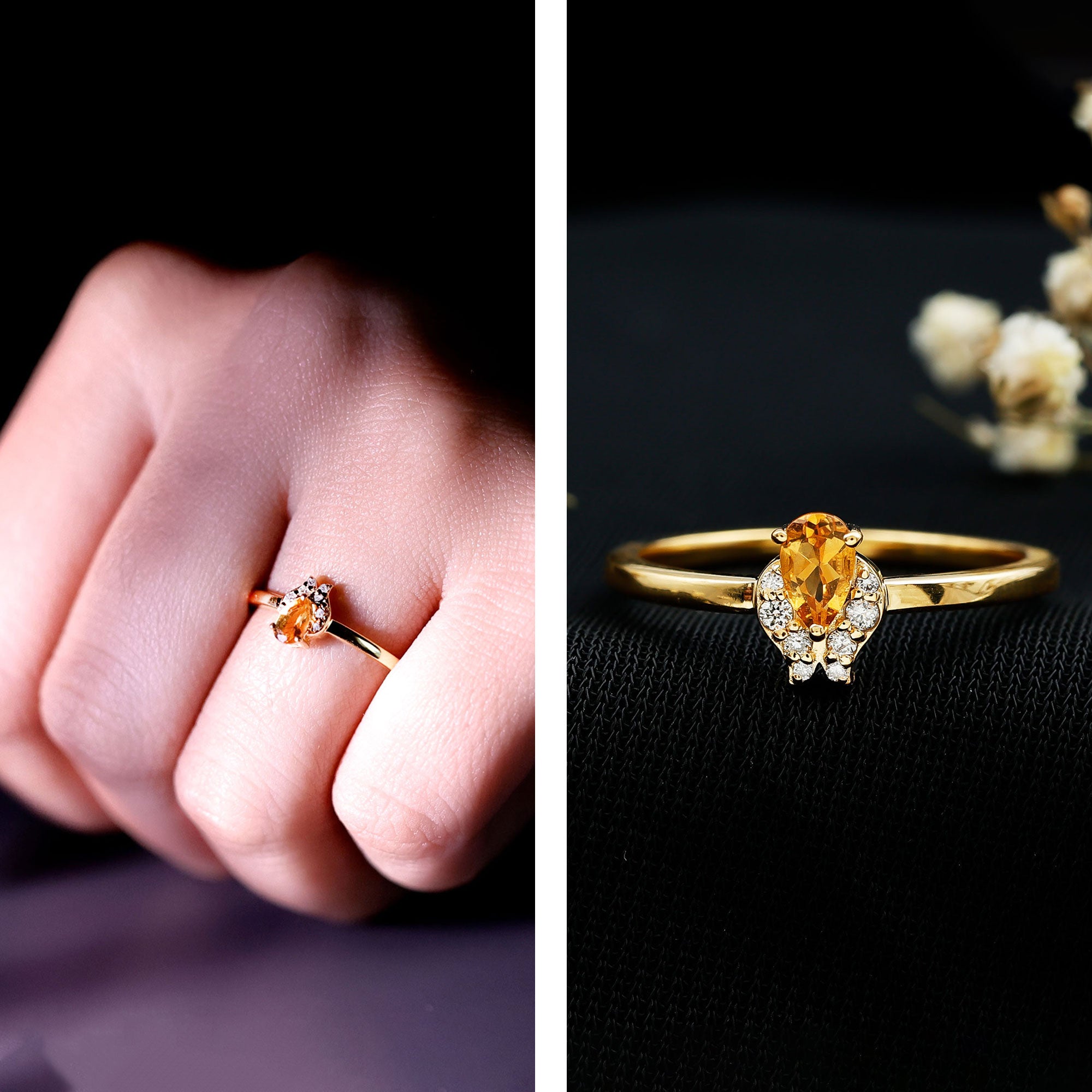 Minimalist Citrine and Diamond Promise Ring for Her in Silver AAA 14K Yellow Gold Plated Silver - Rosec Jewels